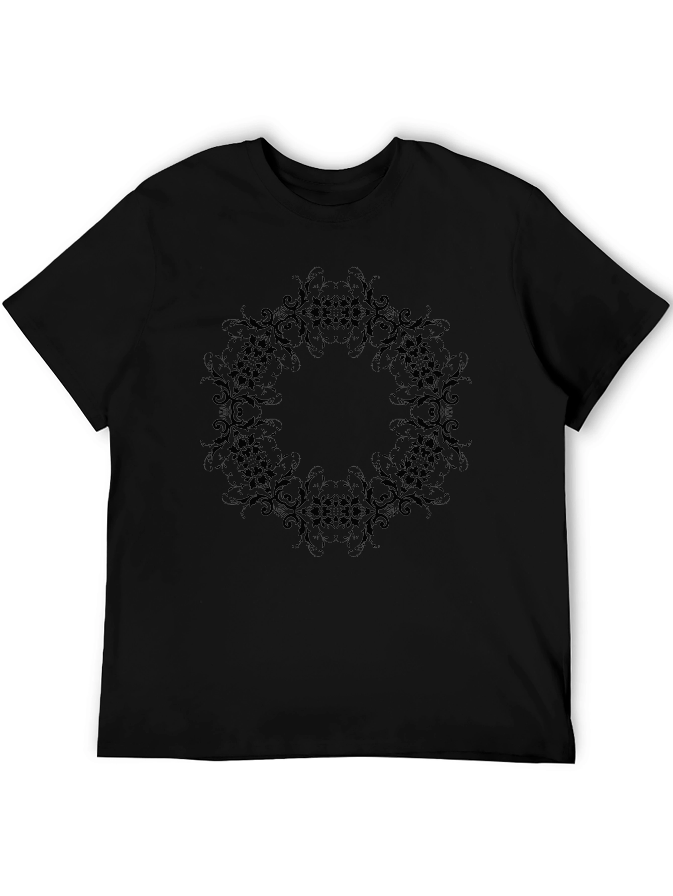 Black Men's Black T-Shirt with Subtle Floral Mandala Design view 5