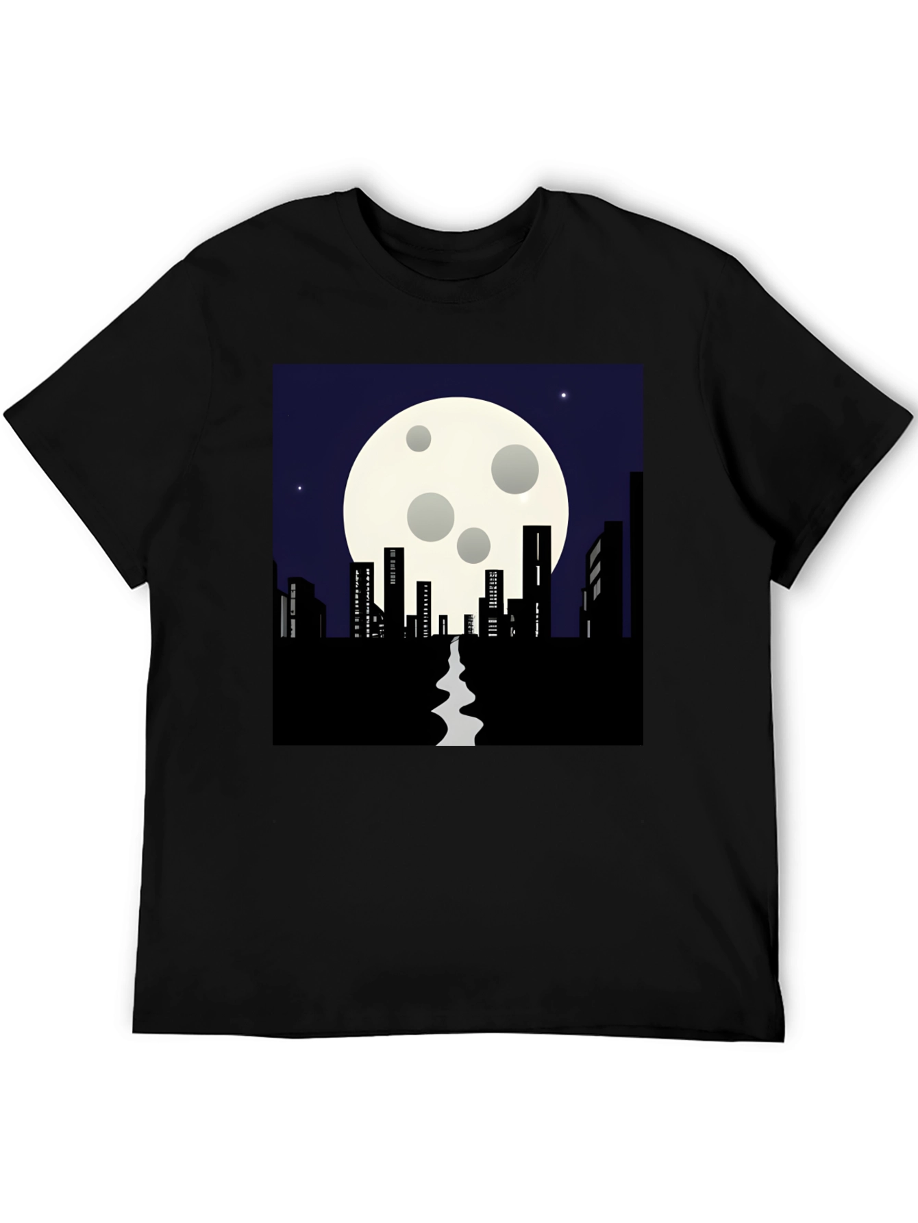 Black Night Cityscape T-Shirt: Moonlit Silhouette Tee view 5