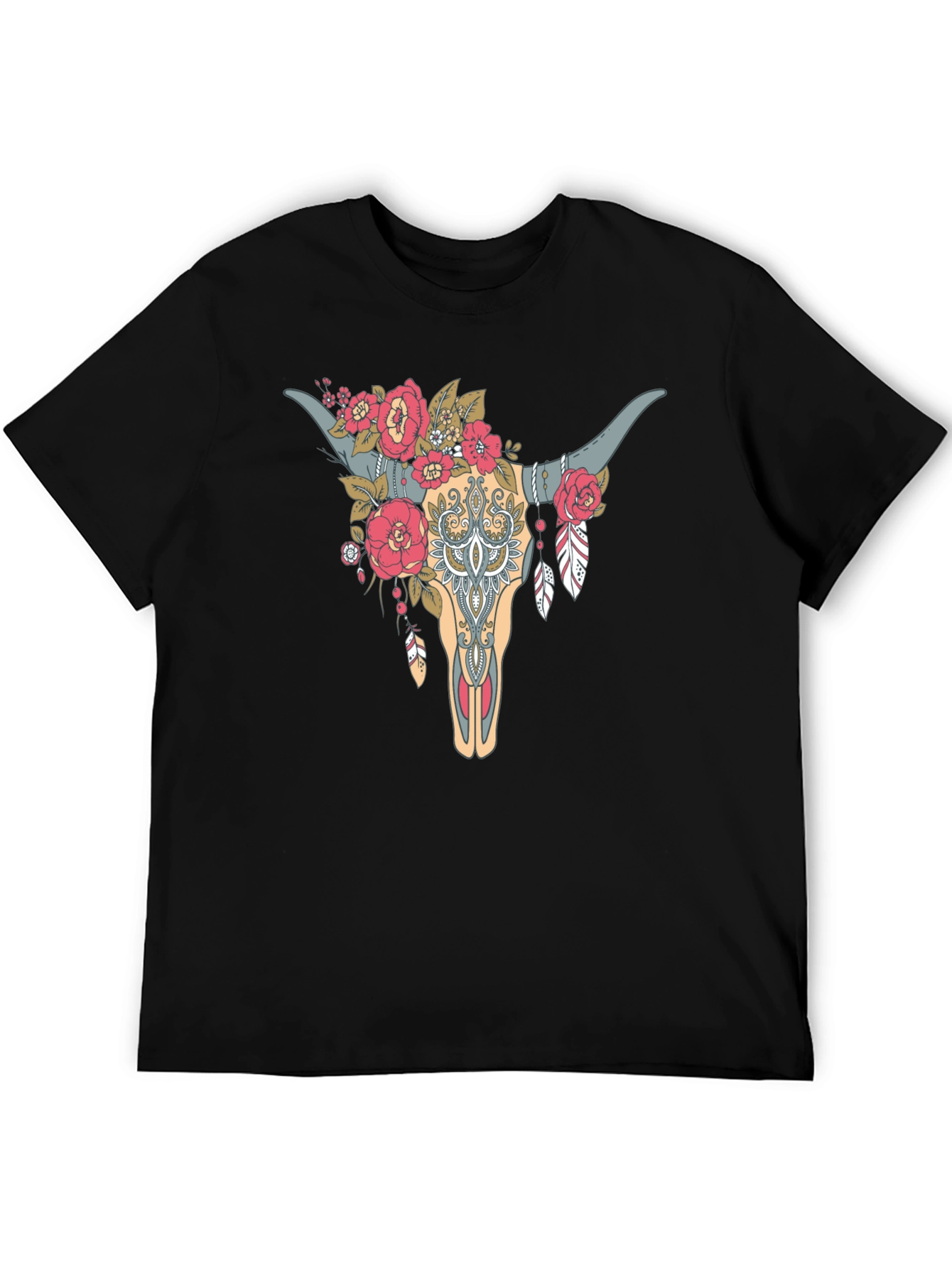 Black Floral Bull Skull Graphic Tee - Western Style view 5