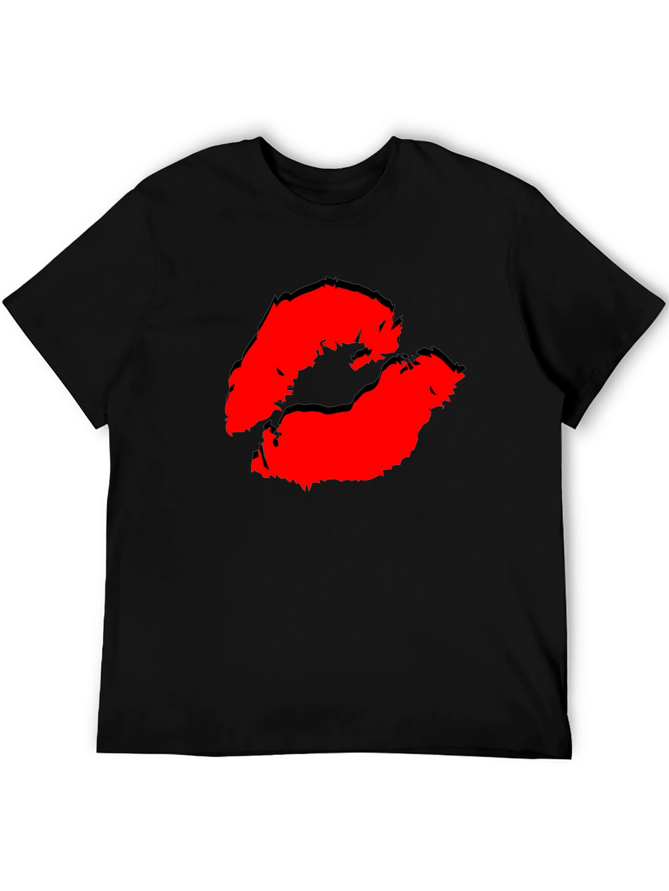 Black Red Lips Kiss Print Black Casual T-Shirt view 5