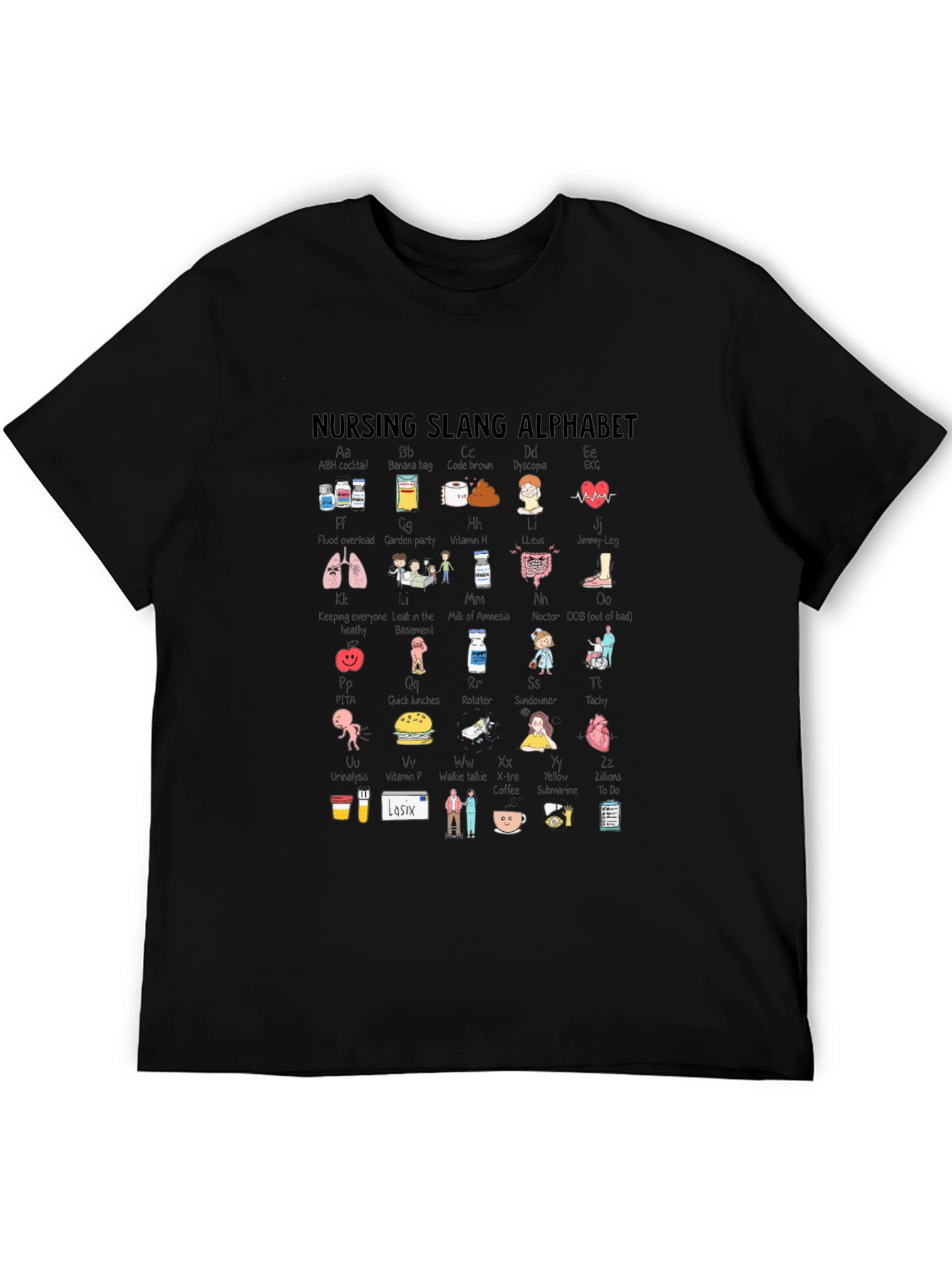 Black Nursing Slang Alphabet T-Shirt - Black Crew Neck view 5