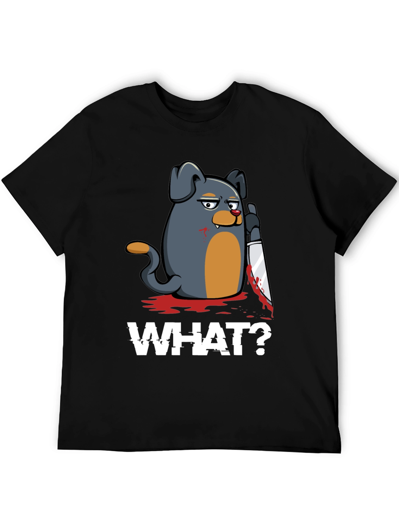 Black Men's 'What?' Dog with Knife Graphic T-Shirt view 5