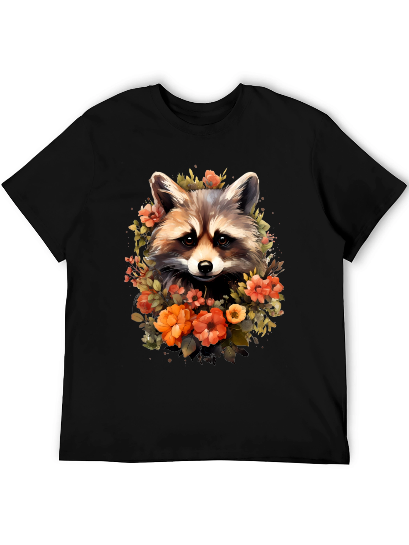 Black Raccoon & Floral Graphic Tee - Soft Black T-Shirt view 5
