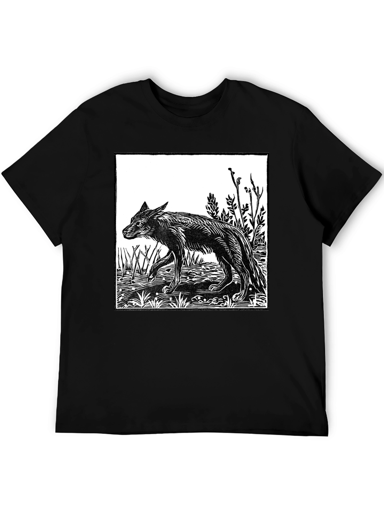 Black Woodcut Wolf Graphic T-Shirt - Black view 5