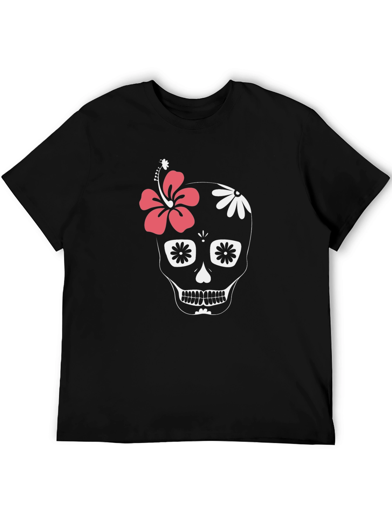 Black Floral Skull Graphic Tee - Black Cotton Casual T-Shirt view 5