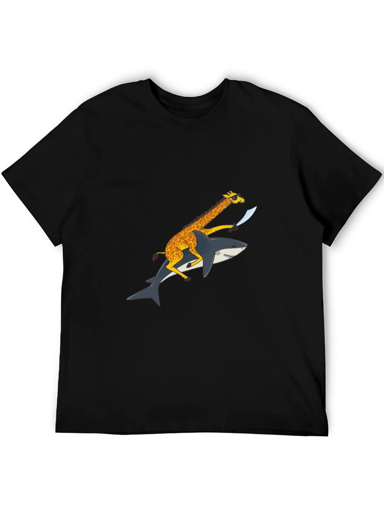 Black Giraffe Riding Shark Graphic Tee - Funny Animal Shirt view 5