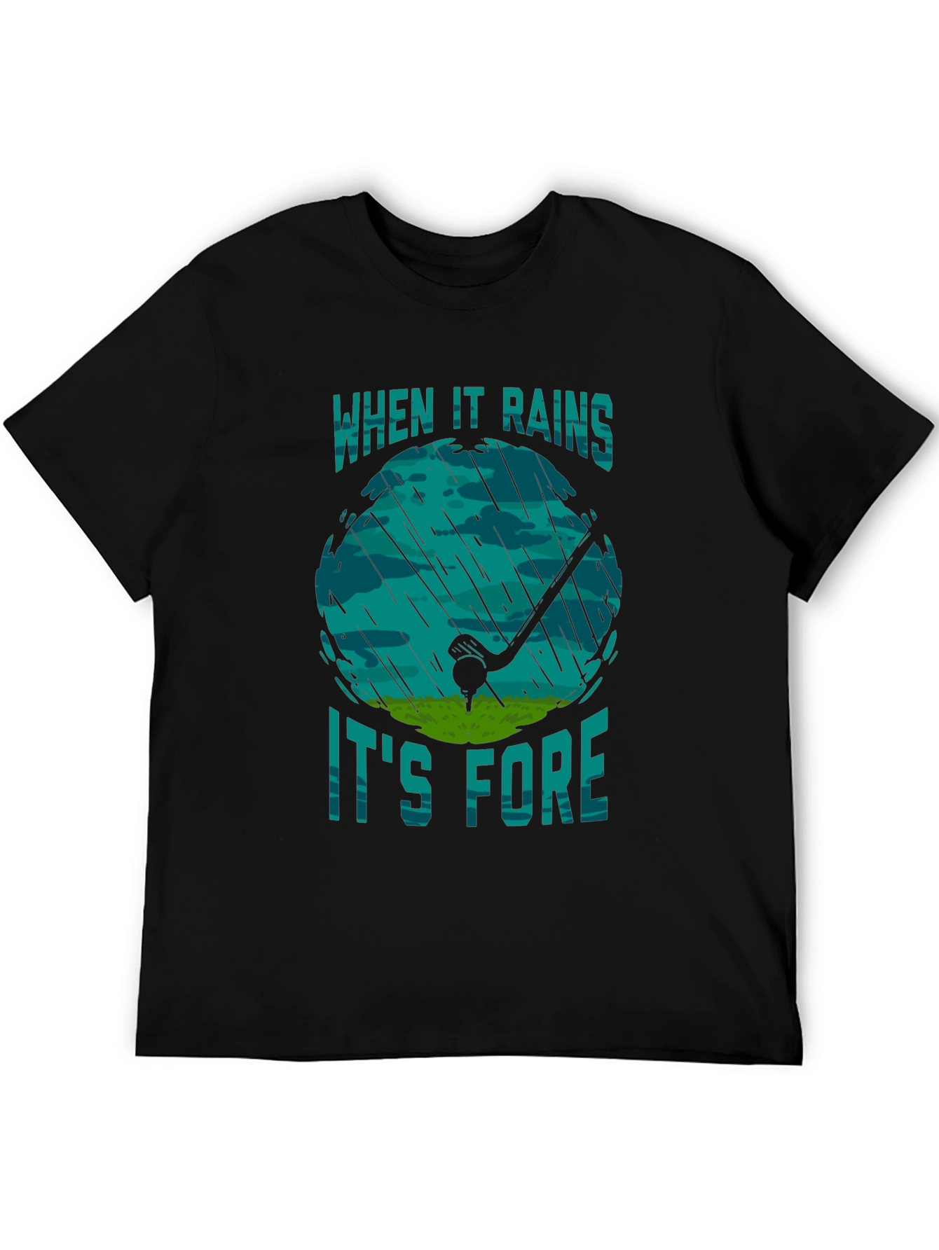 Black Funny Golf Rain T-Shirt - When It Rains It's Fore view 5