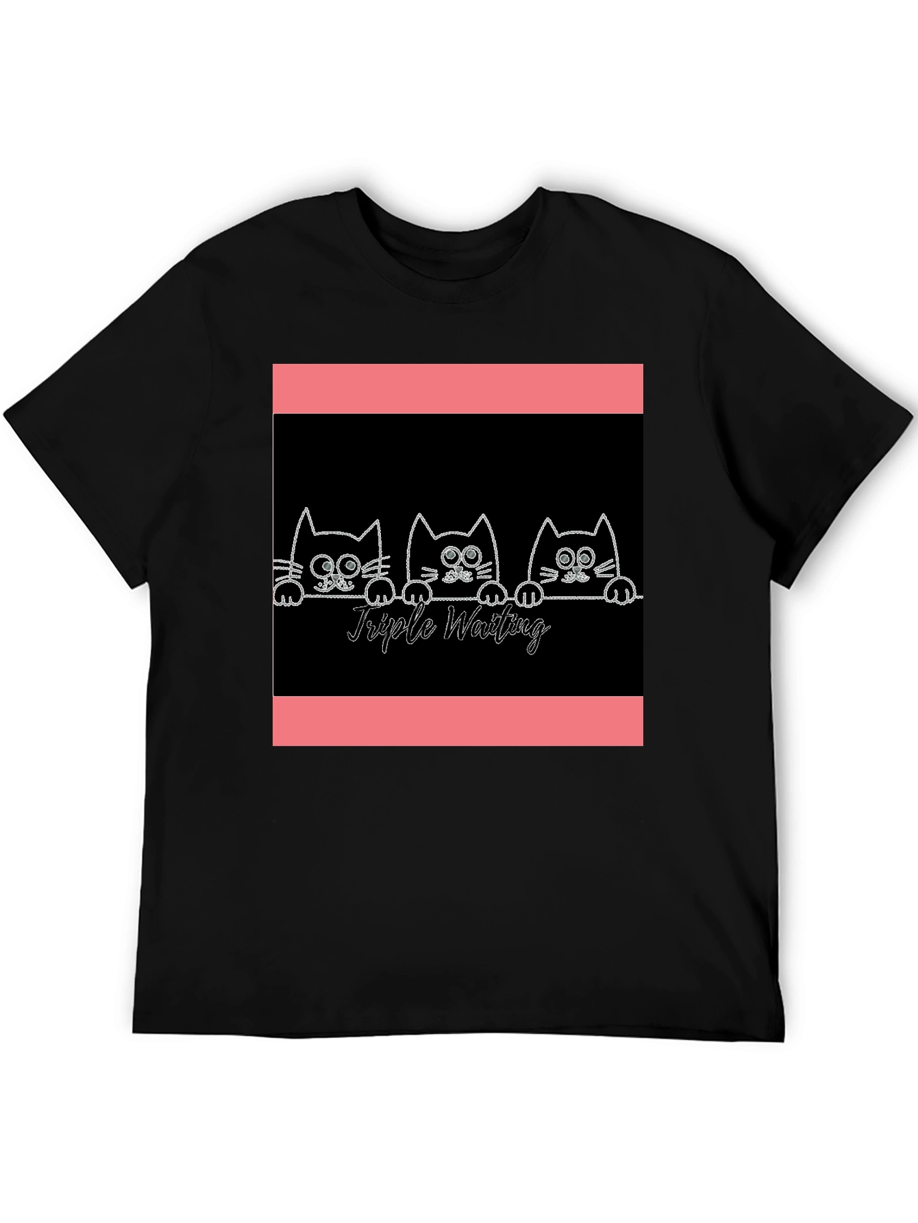 Black Triple Waiting Cats Graphic Tee - Soft Black Cotton T-Shirt view 5
