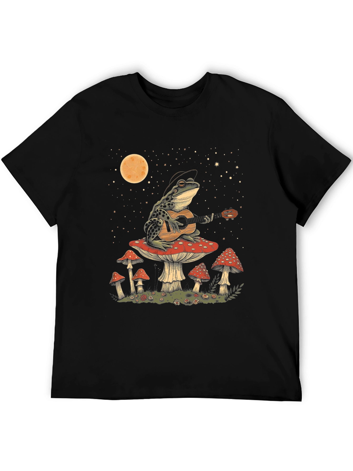 Black Frog Guitarist on Mushroom T-Shirt - Black Cotton Tee view 5