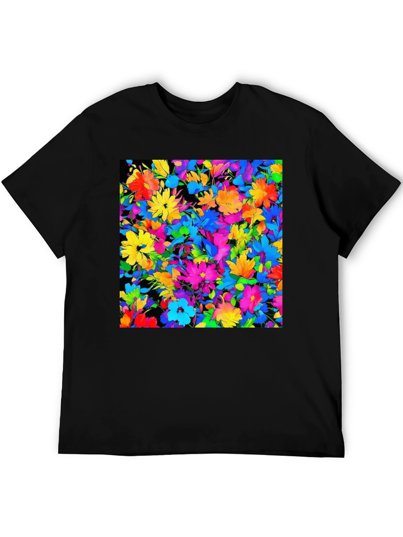 Black Colorful Floral Print Men's Black T-Shirt view 5