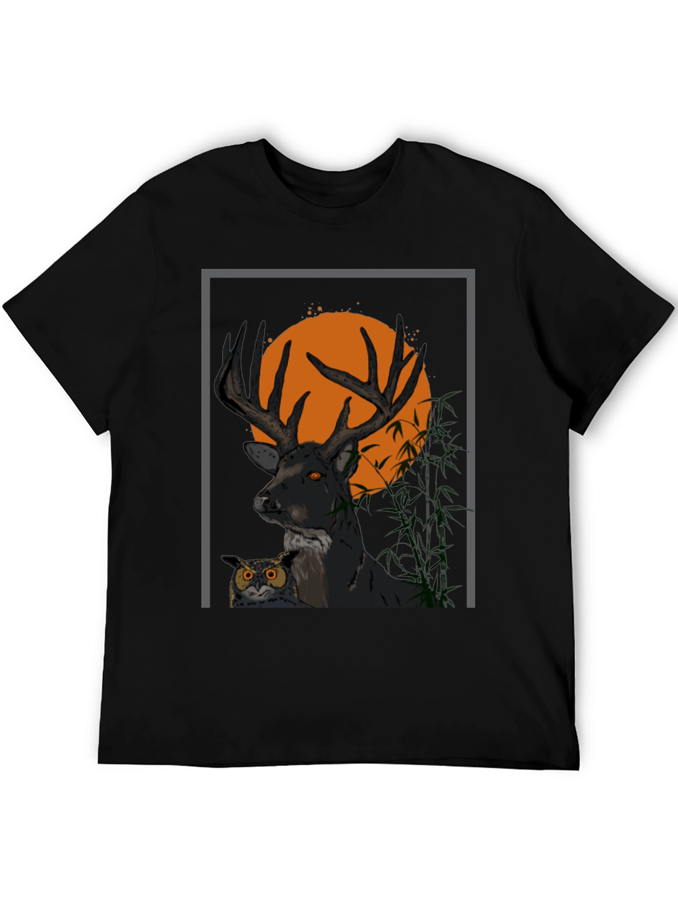 Black Deer & Owl Graphic Tee - Nature Inspired Men's Shirt view 5