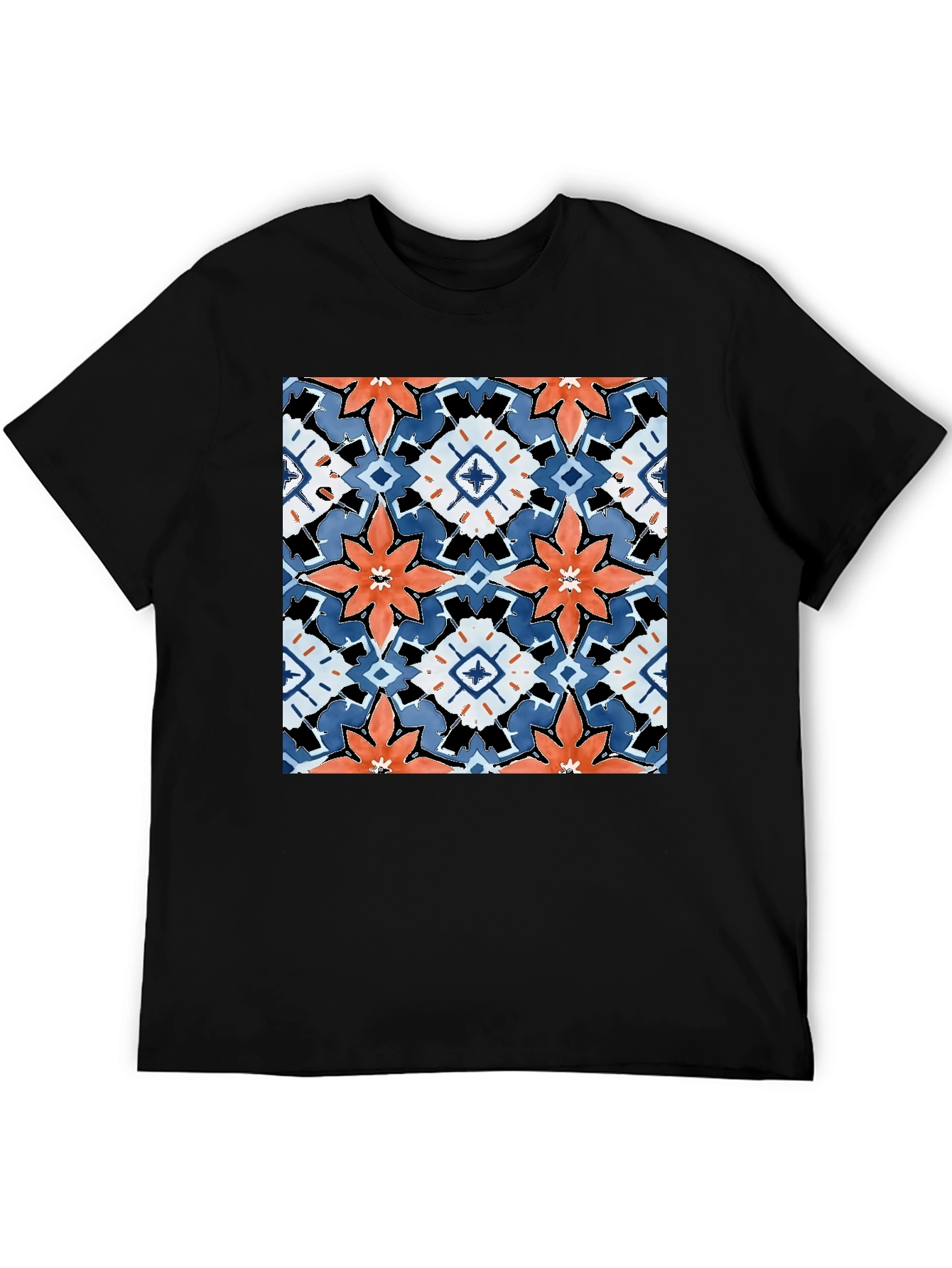 Black Black T-Shirt with Bold Floral Tile Design view 5