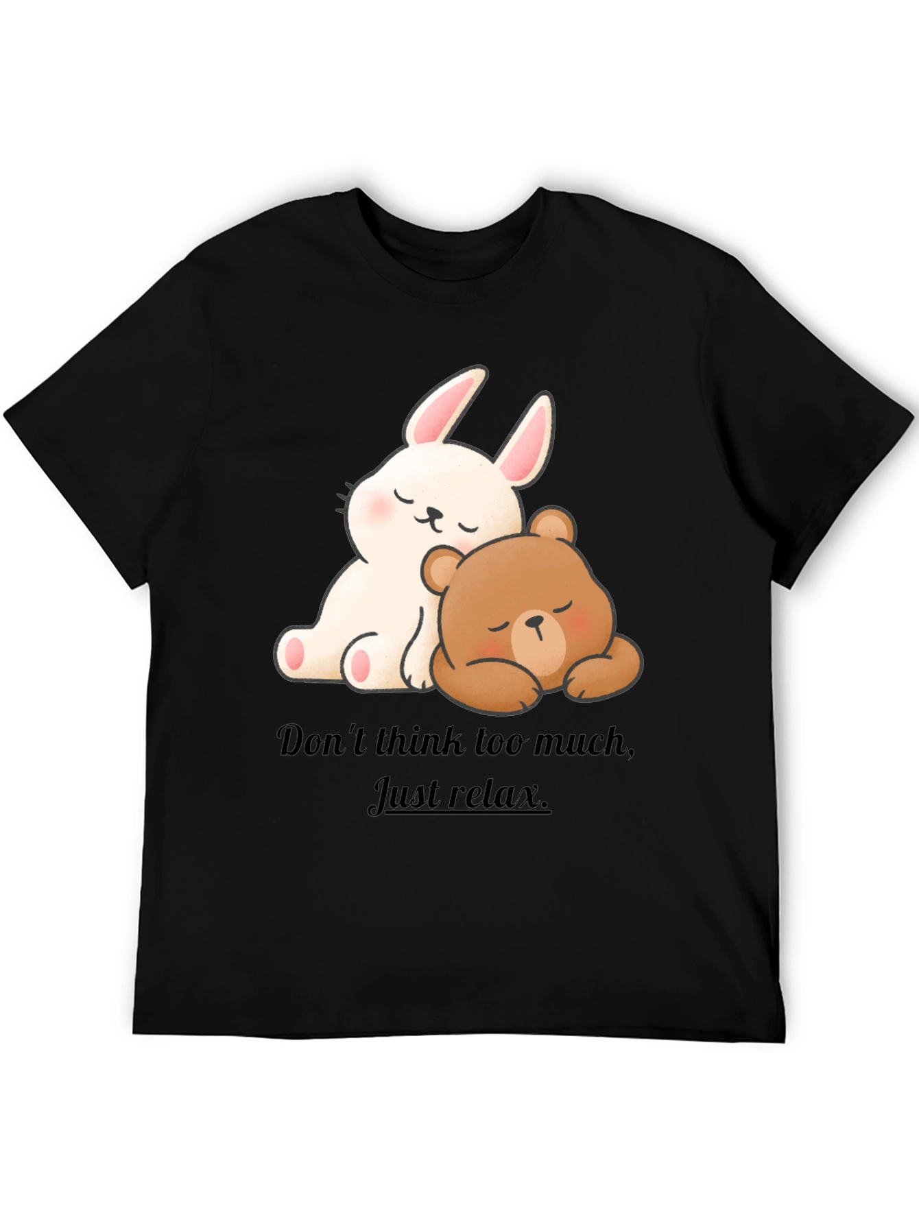 Black Cute Cartoon Bunny & Bear Relax T-Shirt view 5