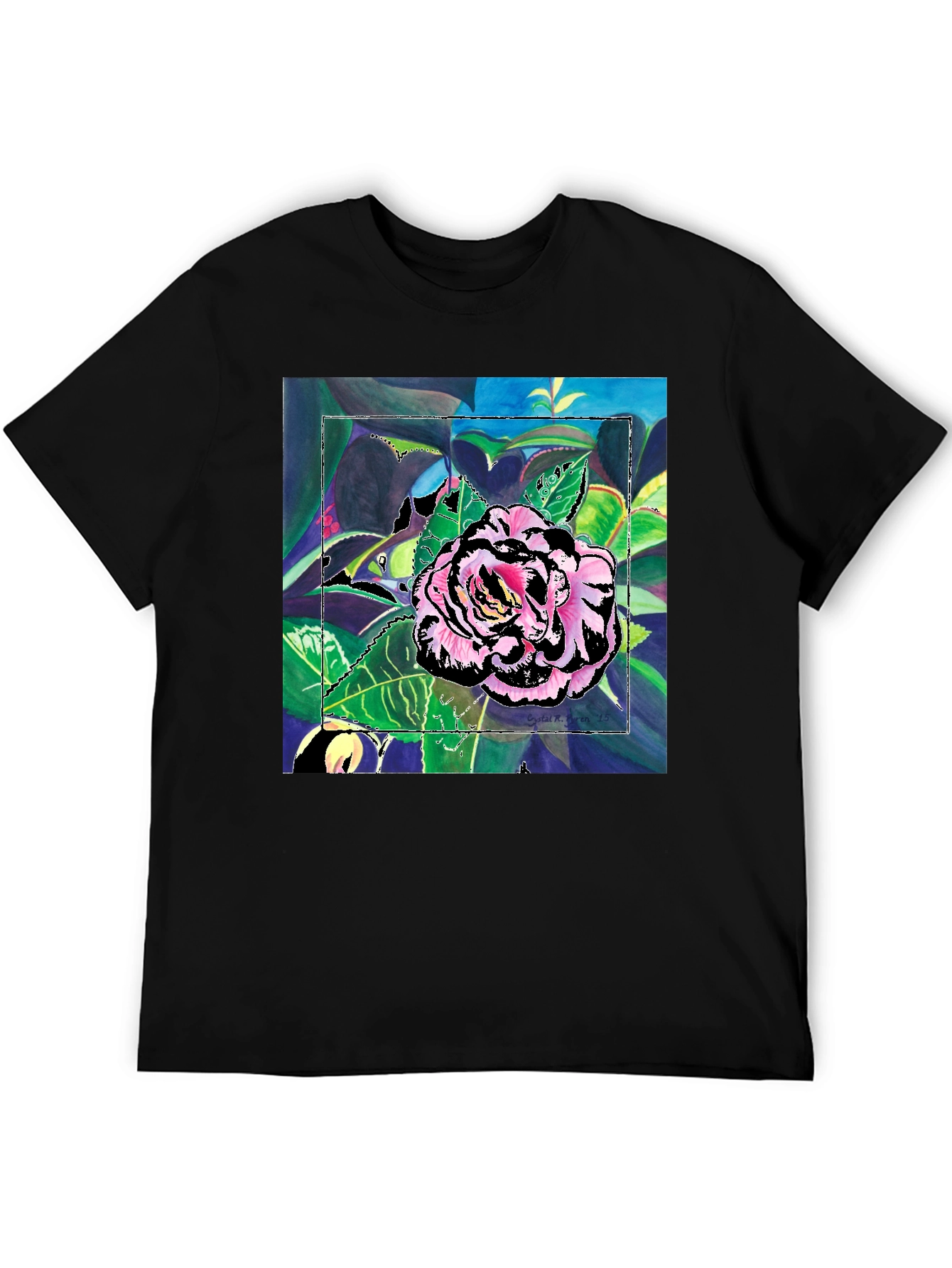 Black Floral Art Print Black T-Shirt view 5