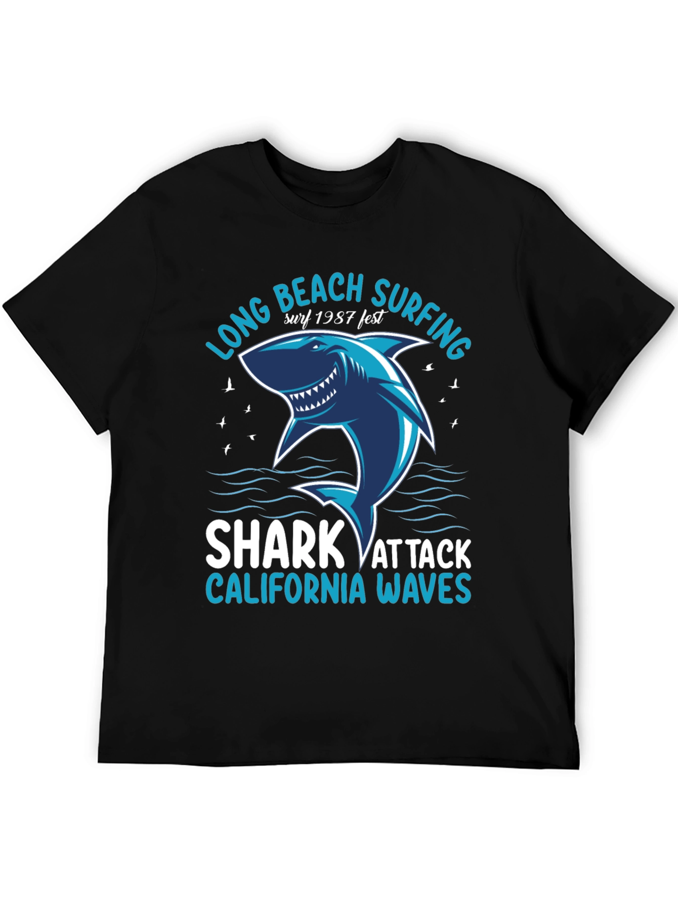 Black Long Beach Surfing Shark Graphic Tee view 5