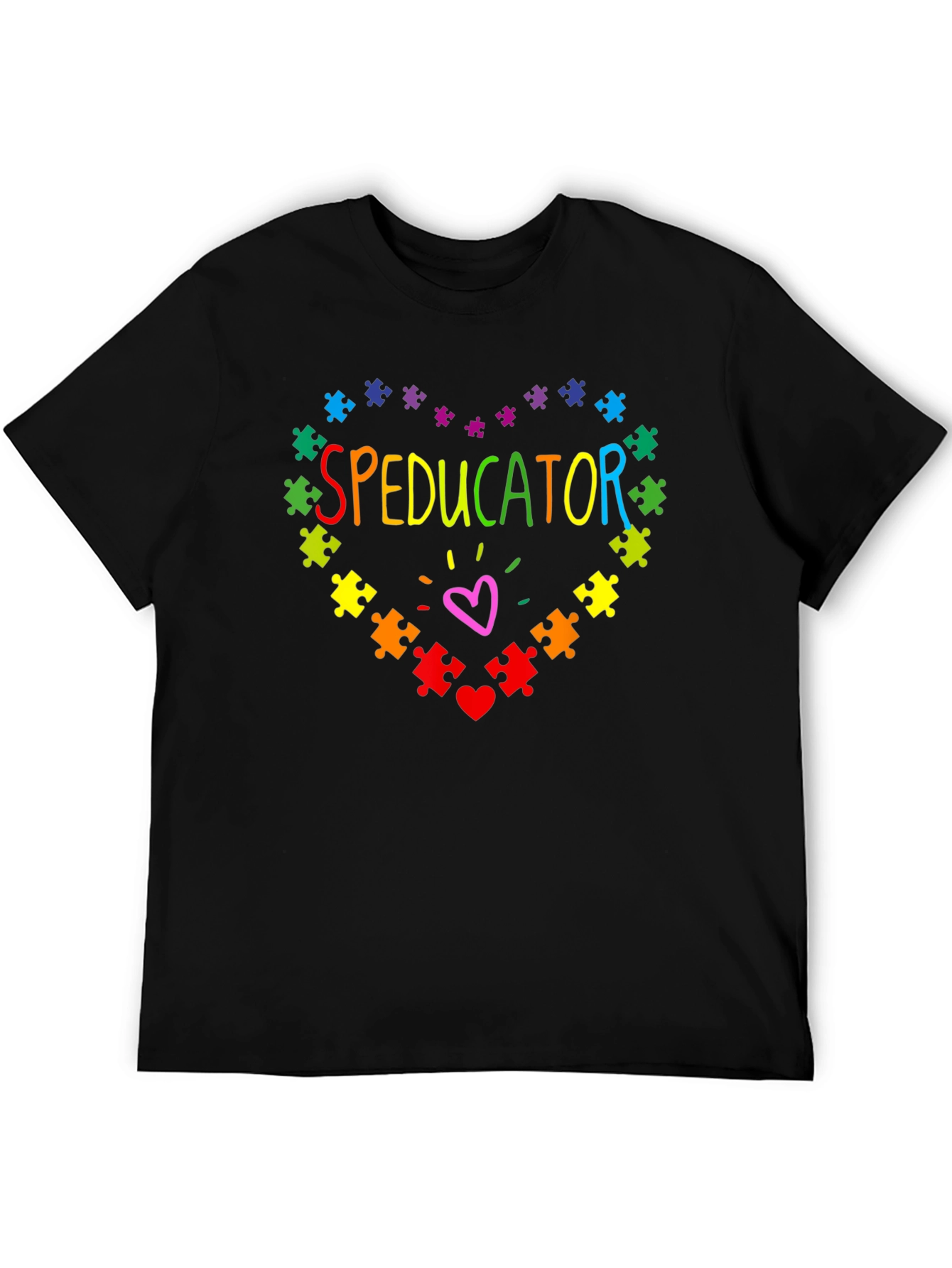 Black Speducator Autism Awareness Puzzle Heart T-Shirt view 5