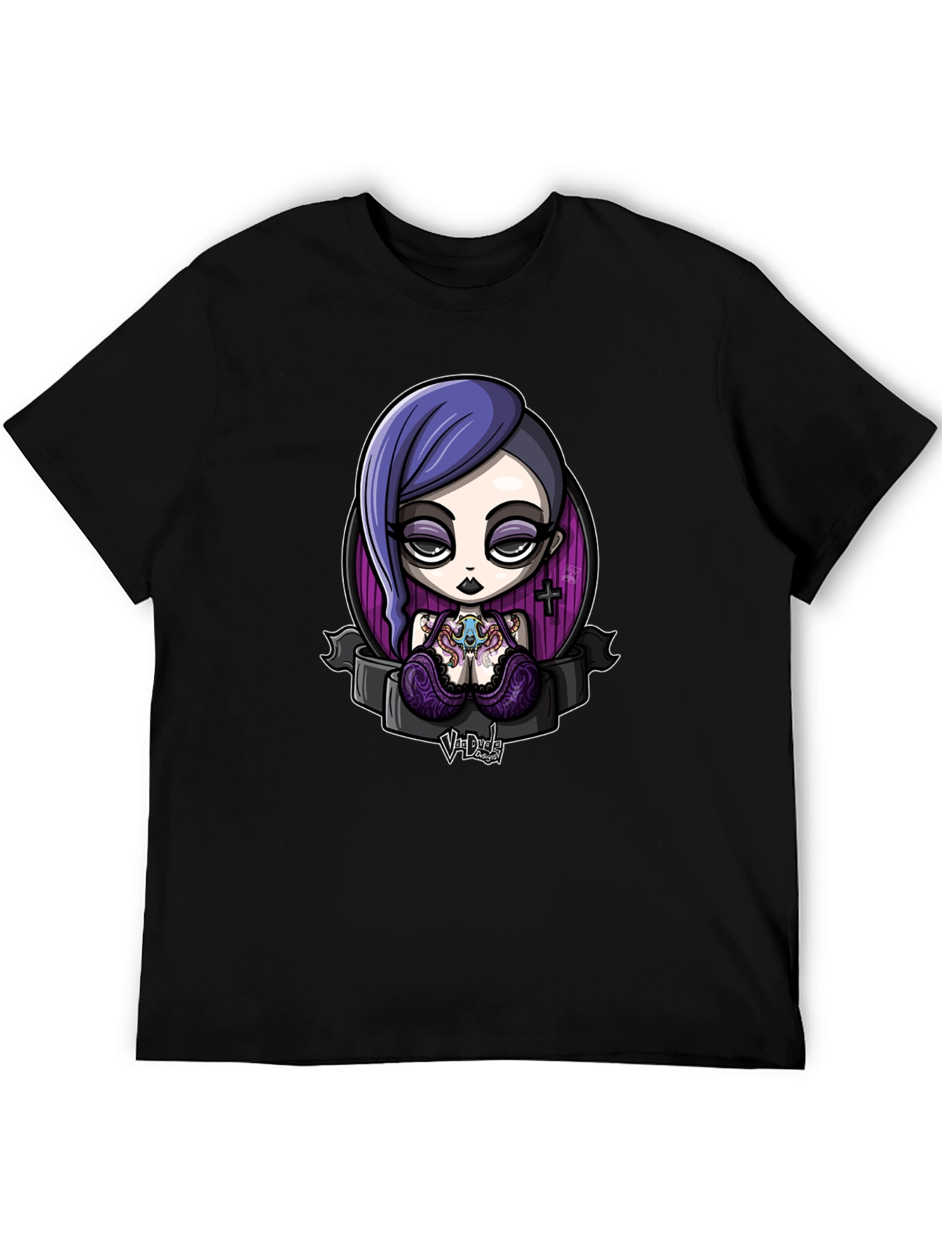 Black Gothic Cartoon Girl Graphic Black T-Shirt view 5