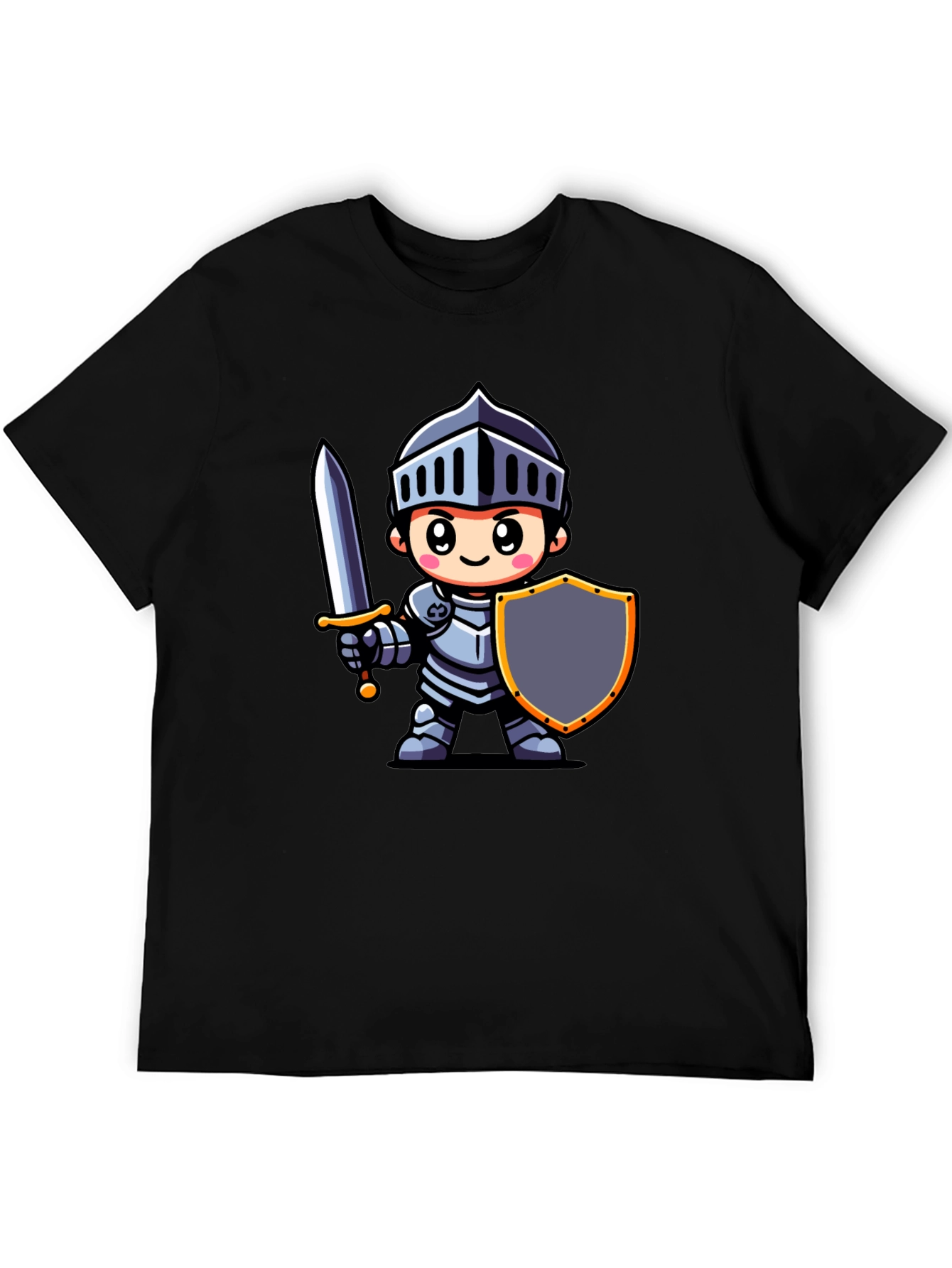Black Cartoon Knight Graphic Tee - Black Cotton T-Shirt view 5