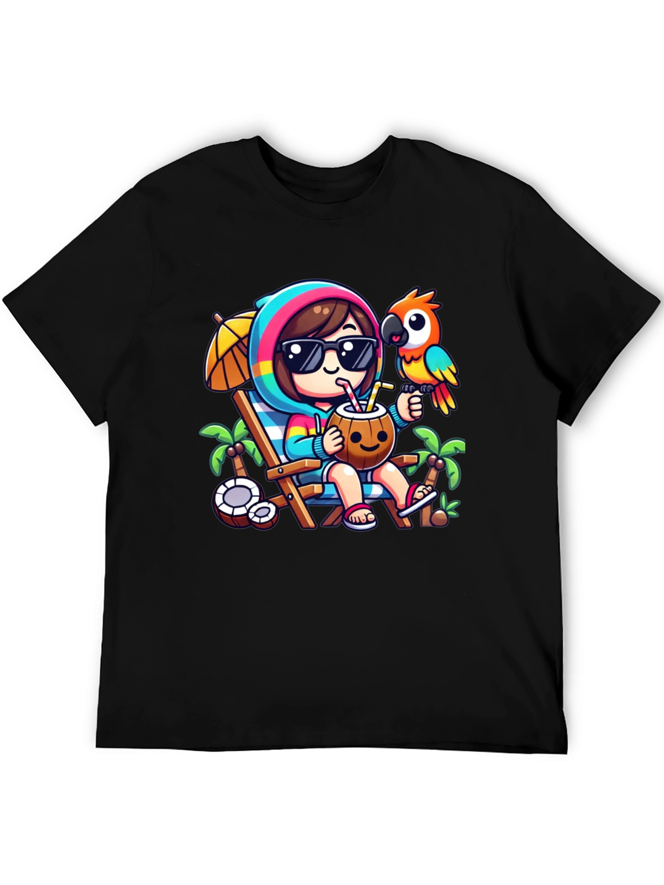 Black Tropical Vibes T-Shirt: Relaxing Beach Cartoon Tee view 5