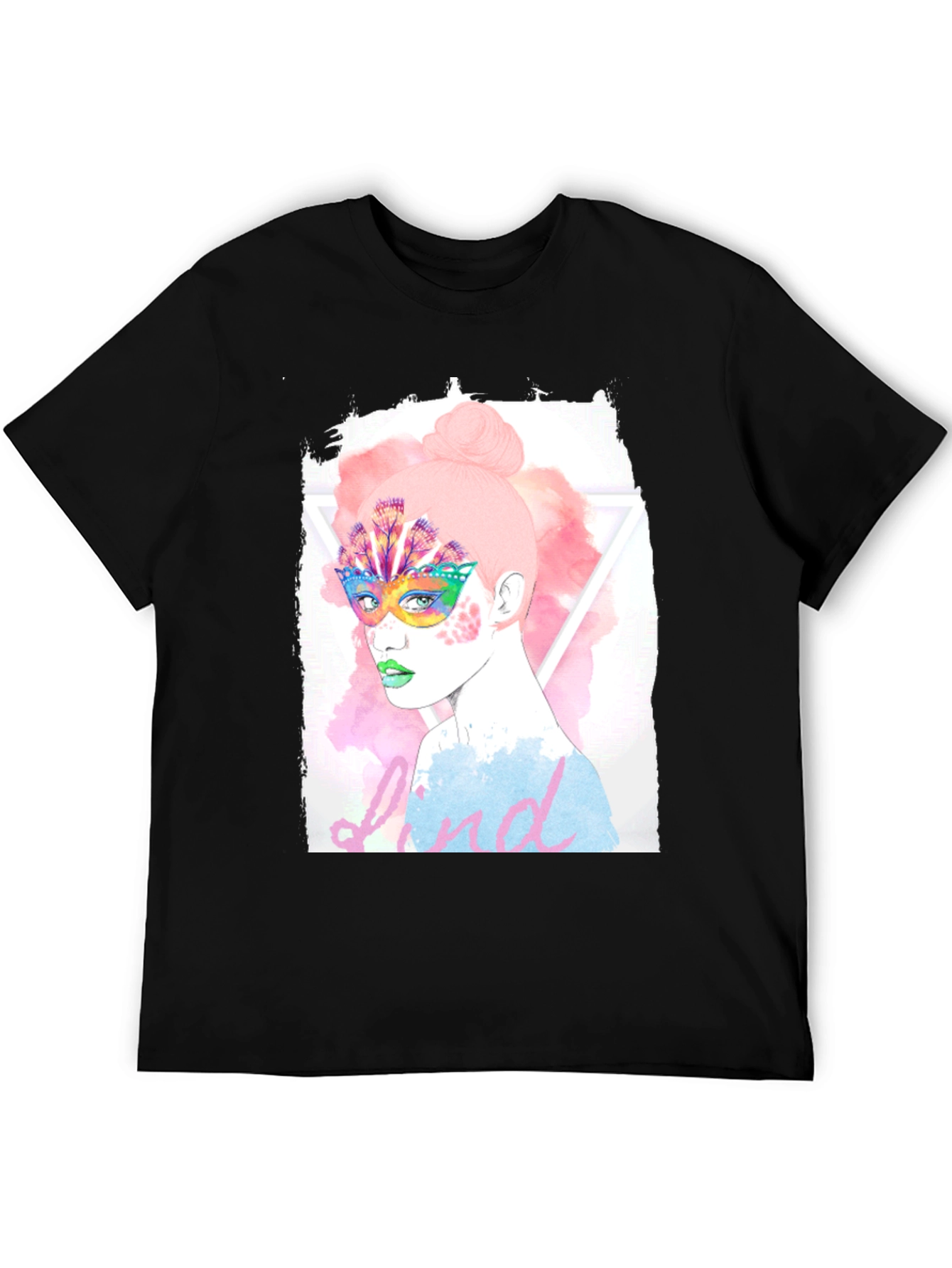 Black Graphic Print Tee - Colorful Mask Woman view 5