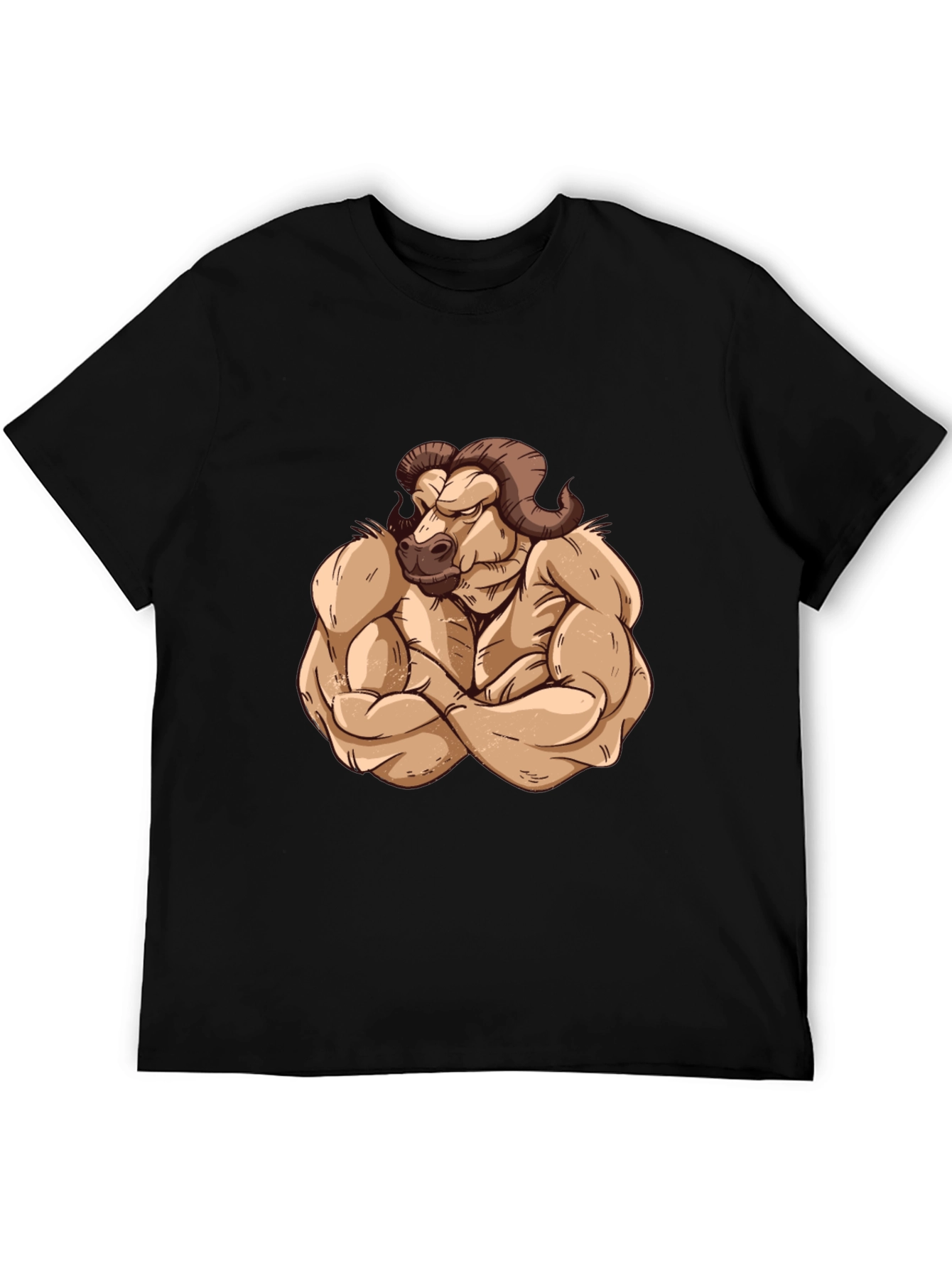 Black Muscled Ram Graphic Tee - Black Cotton T-Shirt view 5