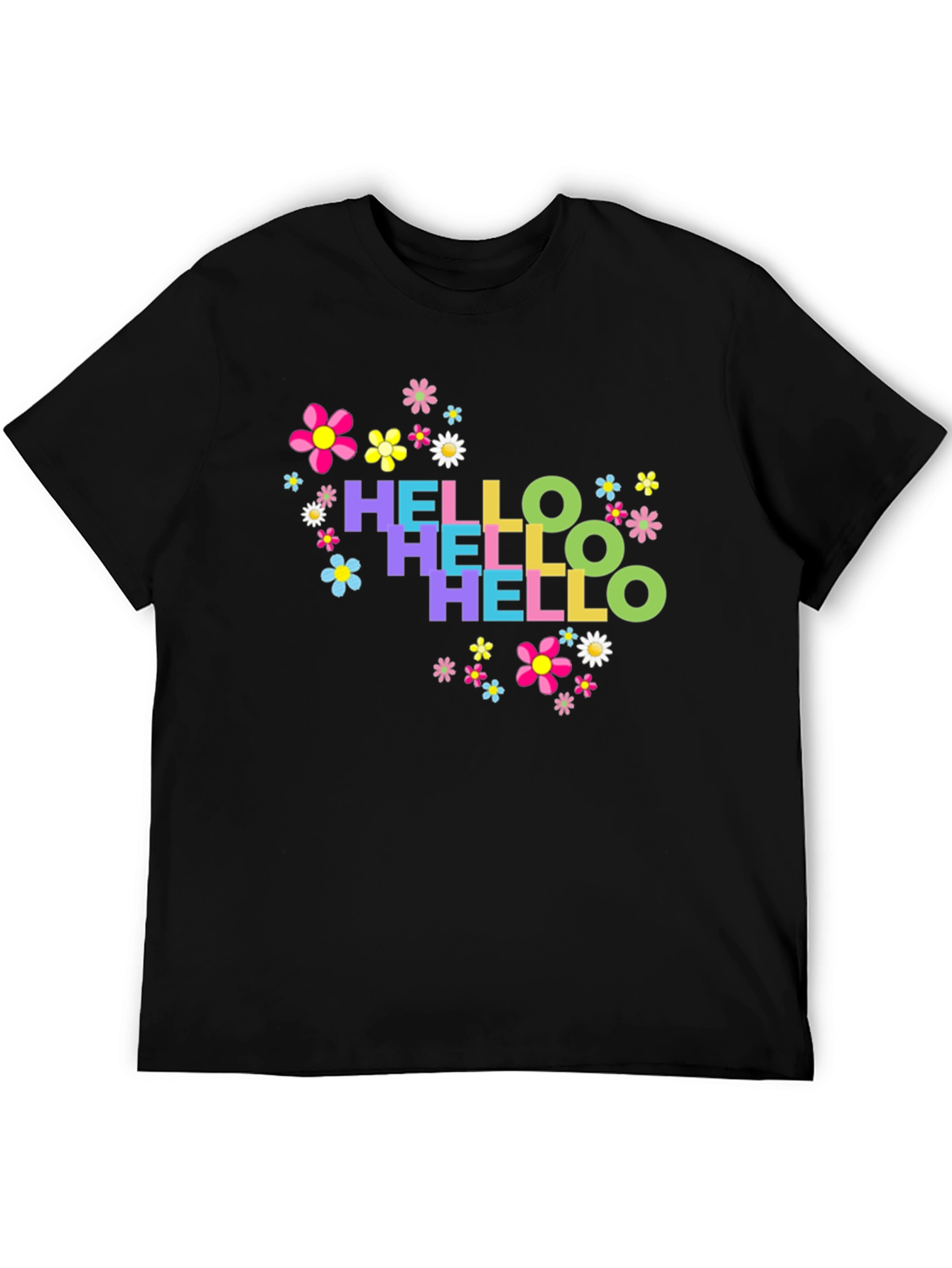 Black Hello Floral Graphic Tee - Black Cotton T-Shirt view 5