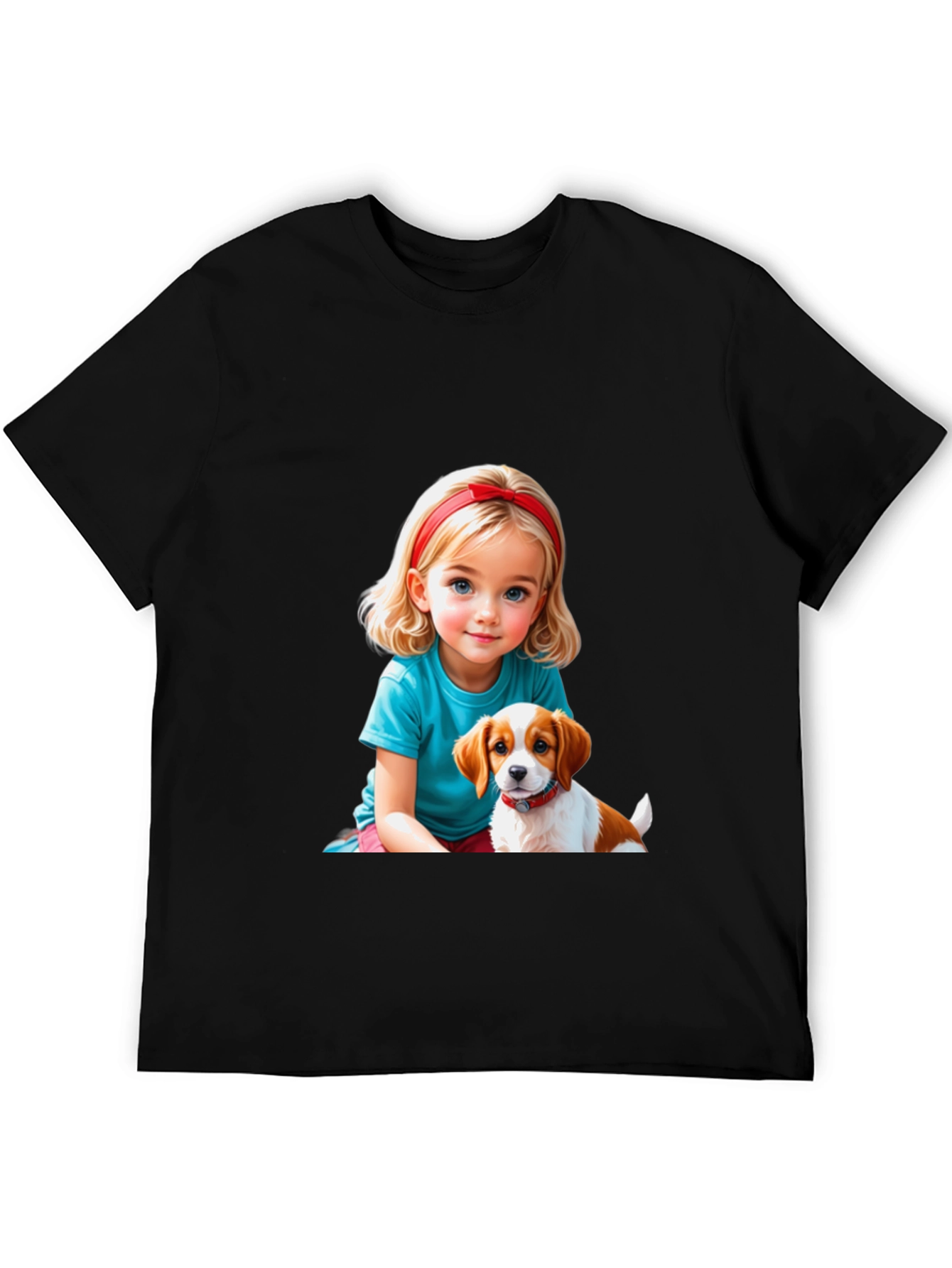 Black Cute Girl & Puppy Graphic Tee - Black Casual T-Shirt view 5