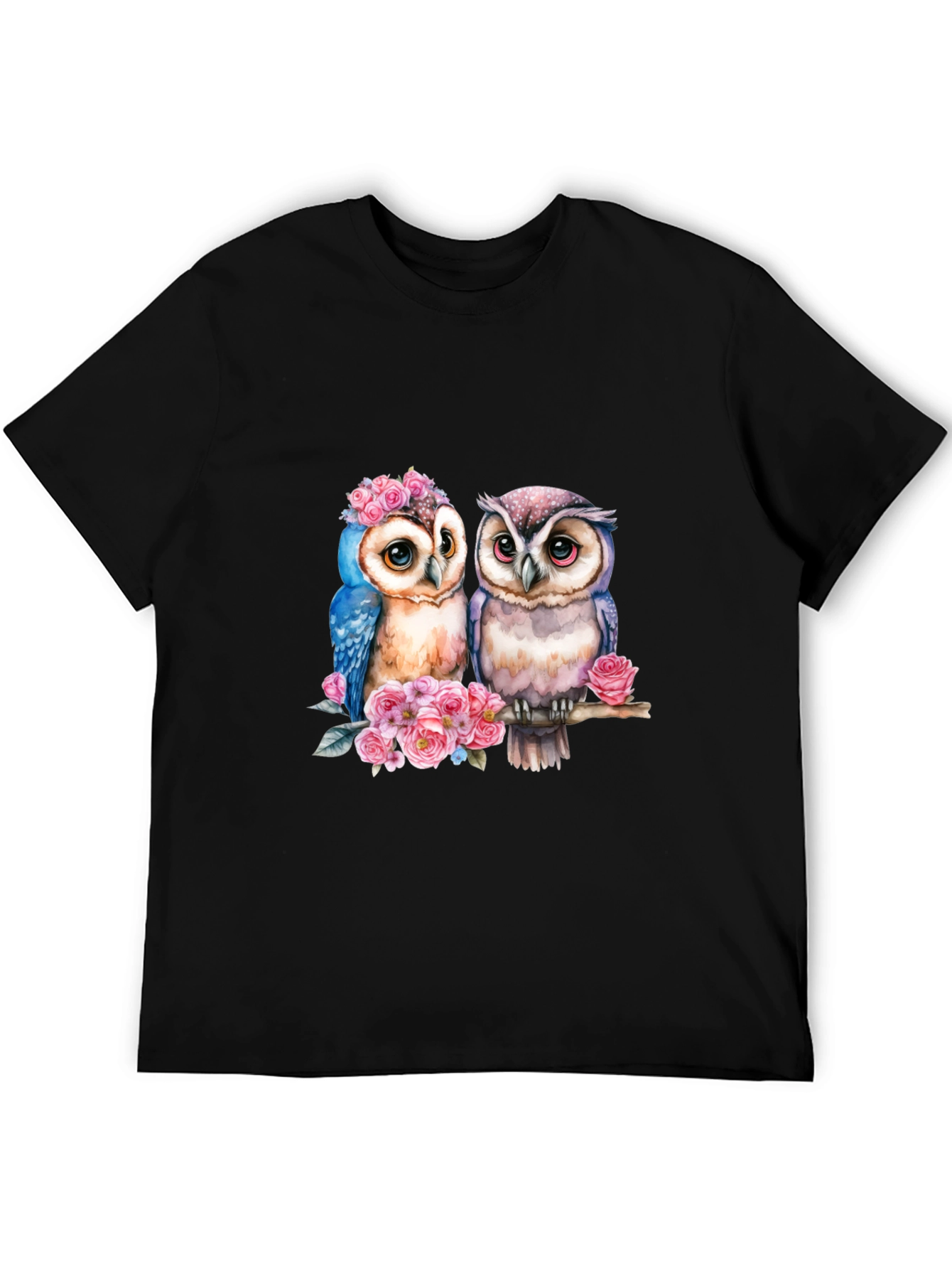 Black Owl Couple T-Shirt - Floral Design view 5