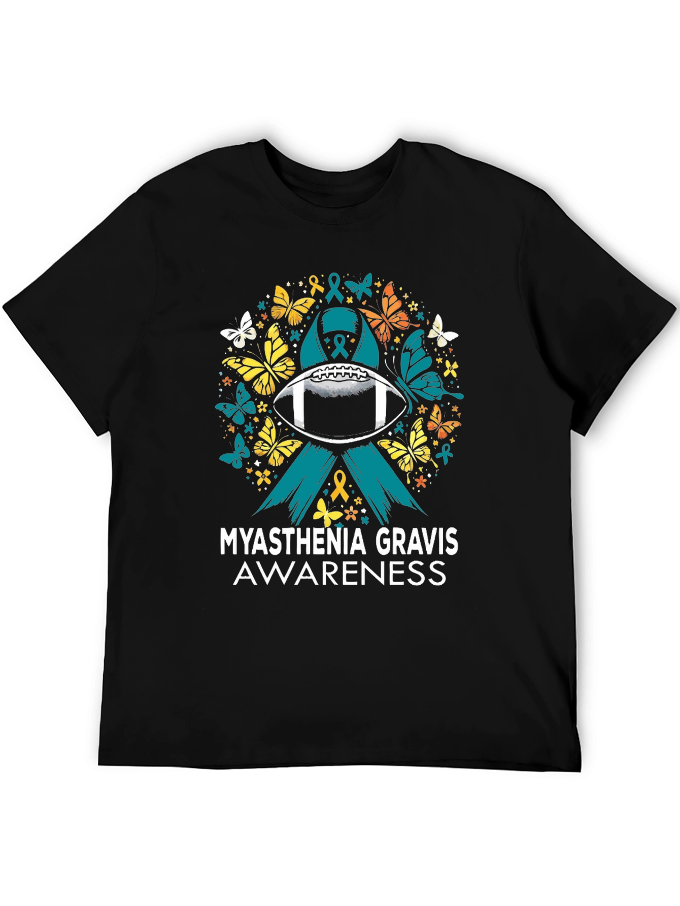 Black Myasthenia Gravis Awareness Football T-Shirt view 5