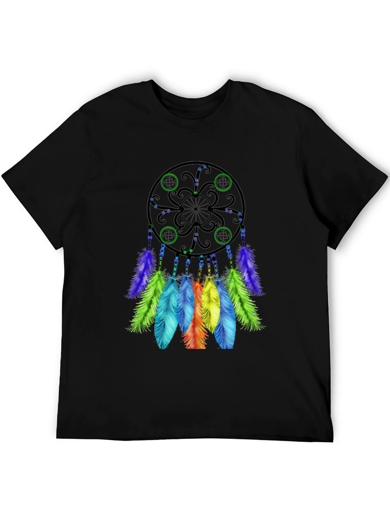 Black Dreamcatcher T-Shirt - Black Cotton Tee with Colorful Feather Design view 5