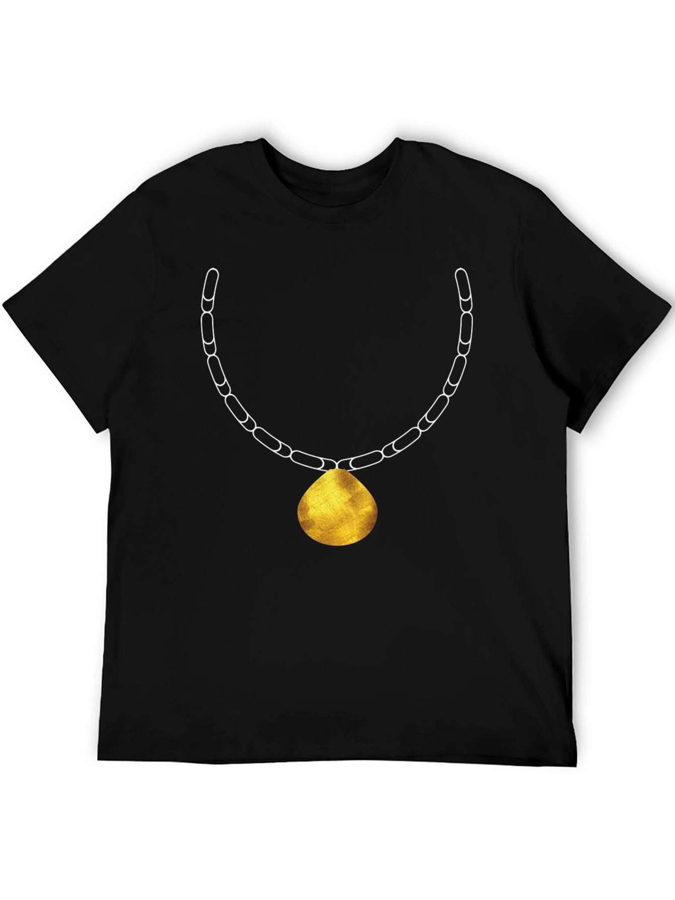 Black Men's Black T-Shirt with Gold Pendant Necklace Print view 5