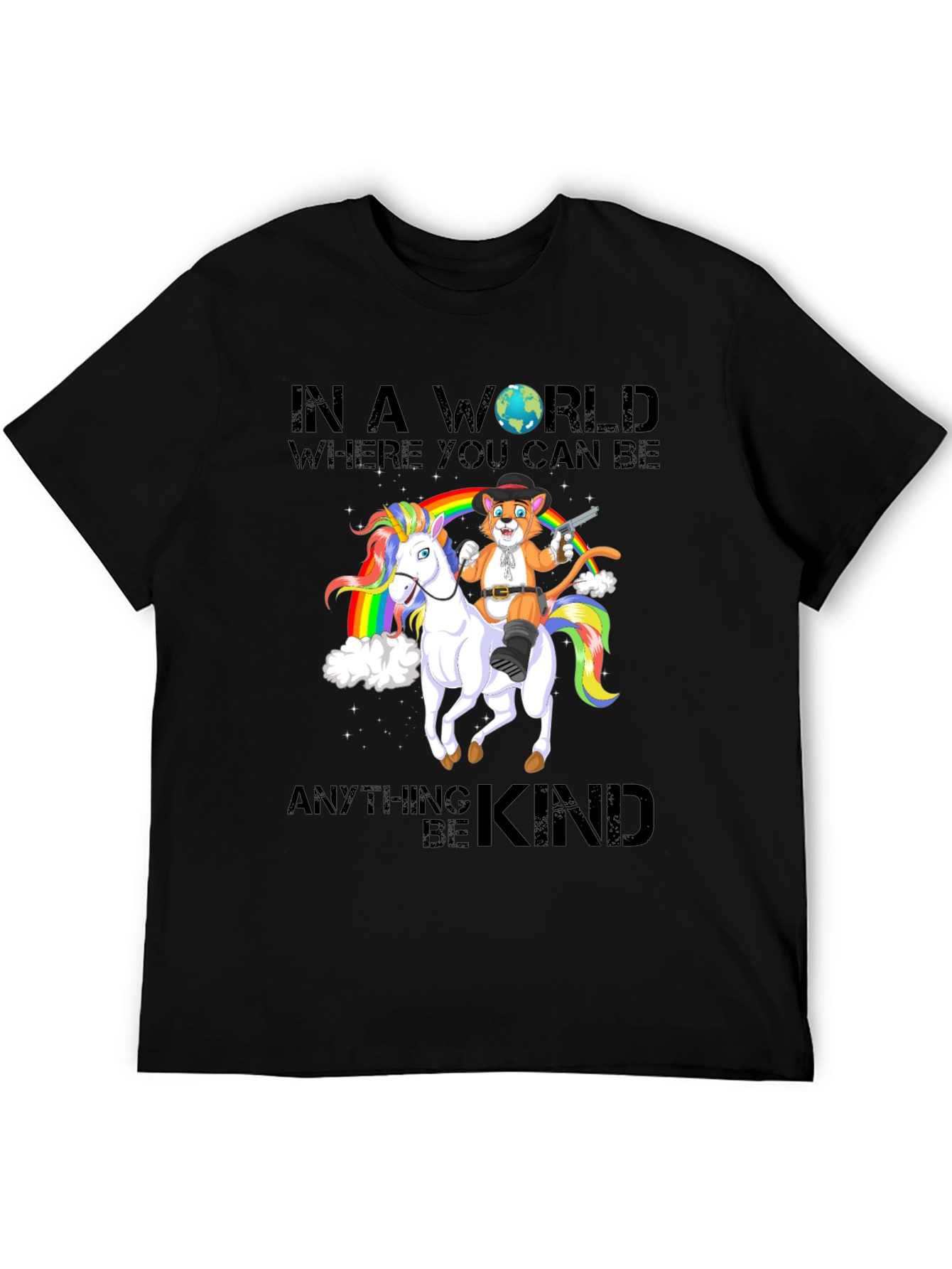Black Be Kind T-Shirt: Cat Cowboy Riding Unicorn view 5