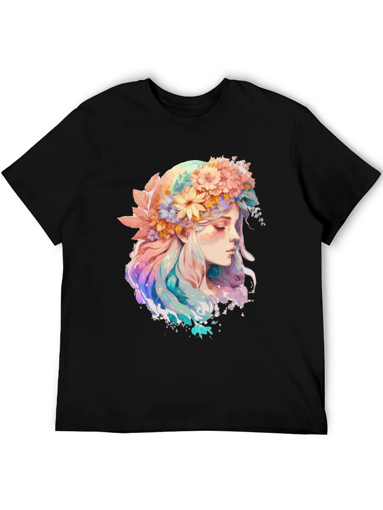 Black Floral Crown Girl Graphic Tee - Black Cotton Shirt view 5