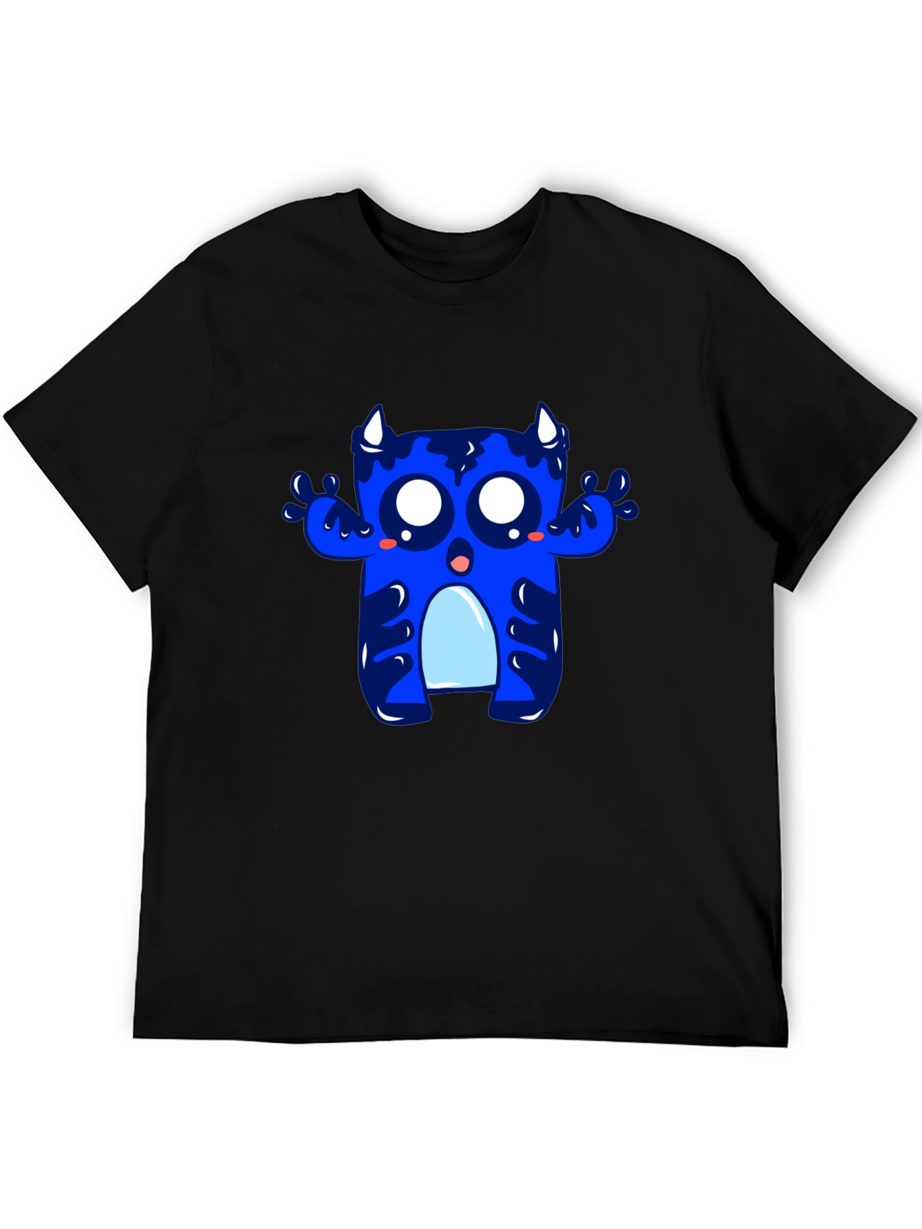 Black Cute Blue Monster Graphic Tee - Black Cotton T-Shirt view 5