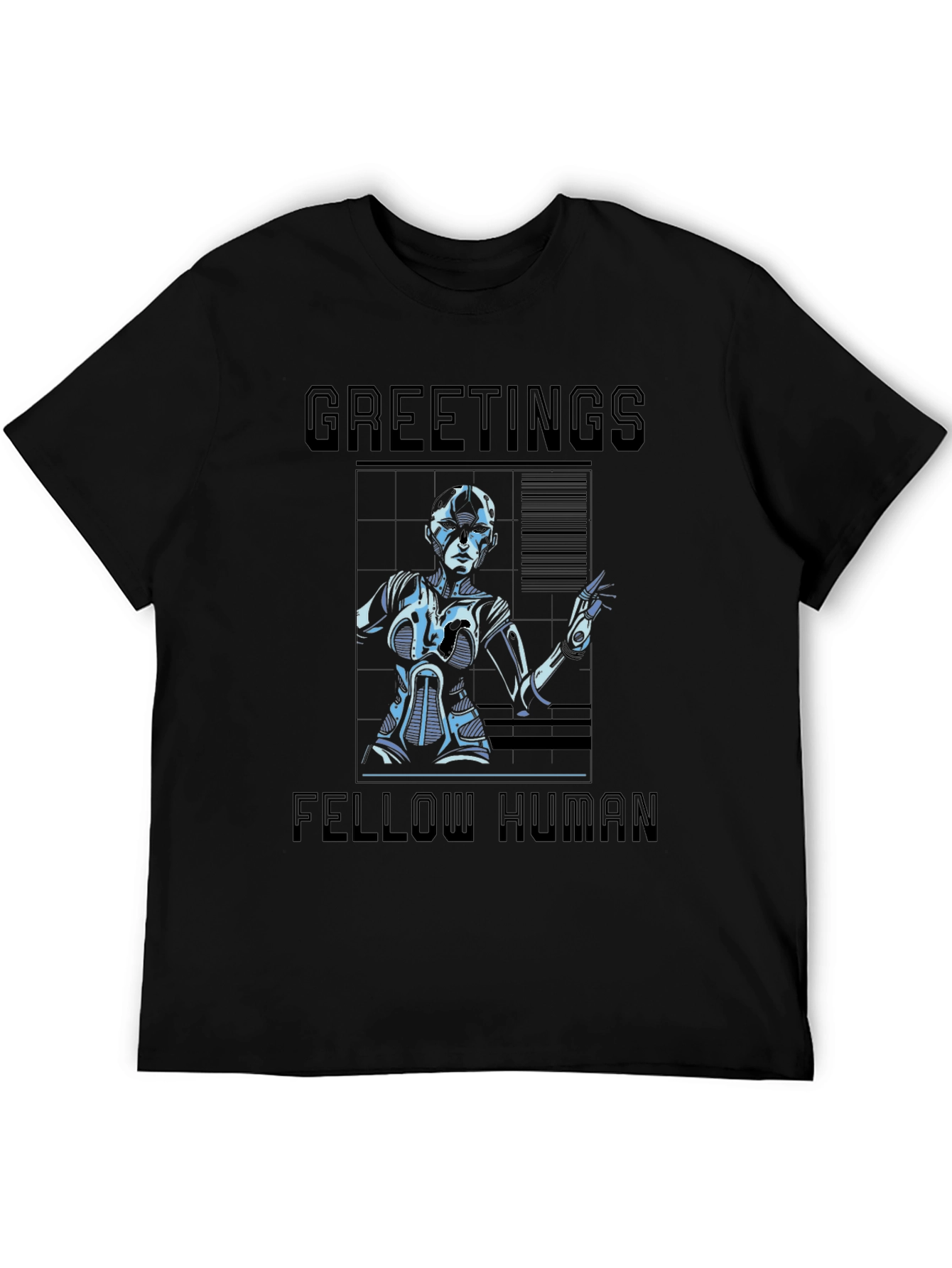 Black Greetings Fellow Human T-Shirt - Sci-Fi Robot Design view 5