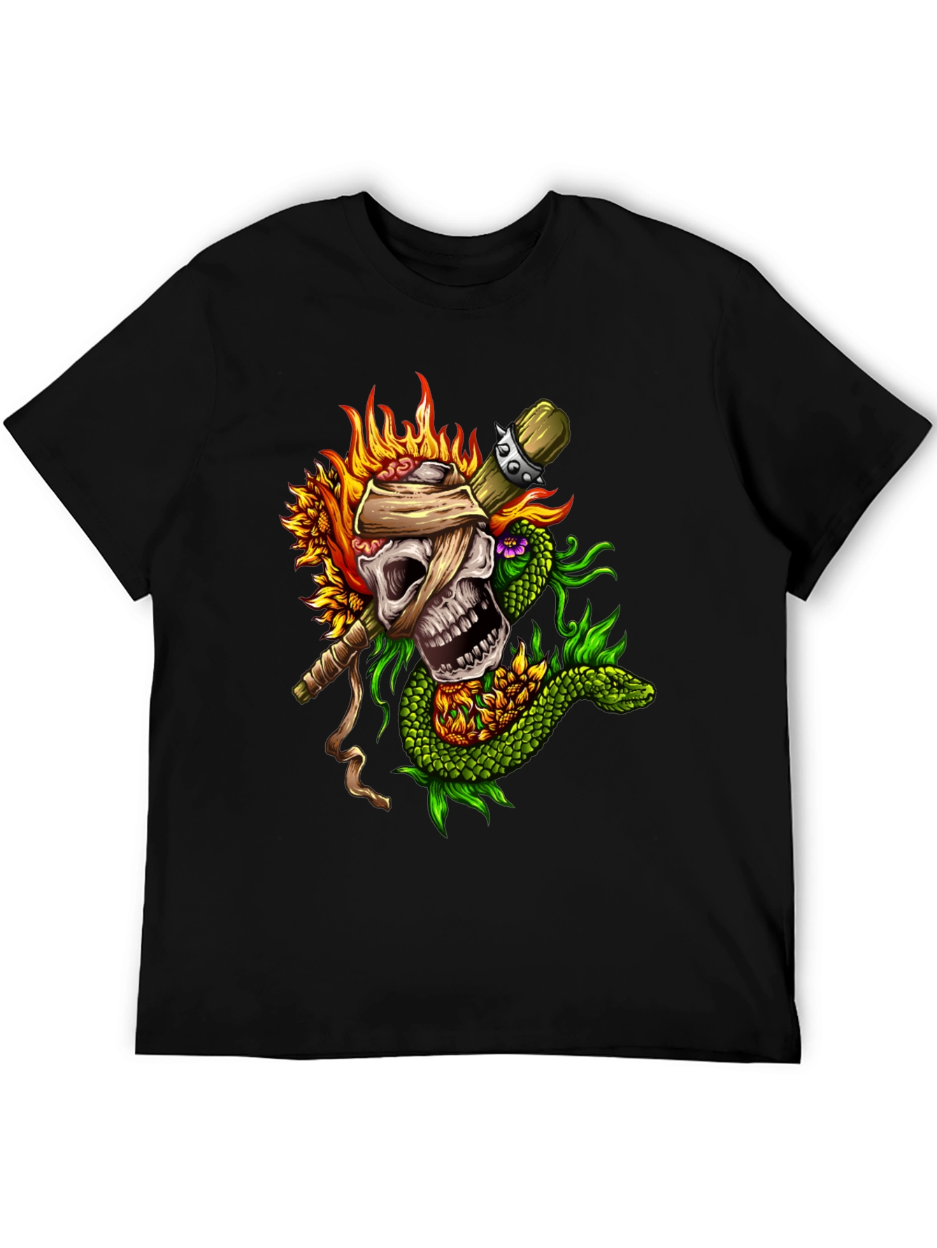 Skull, Snake, Sunflowers Black T-Shirt - 5