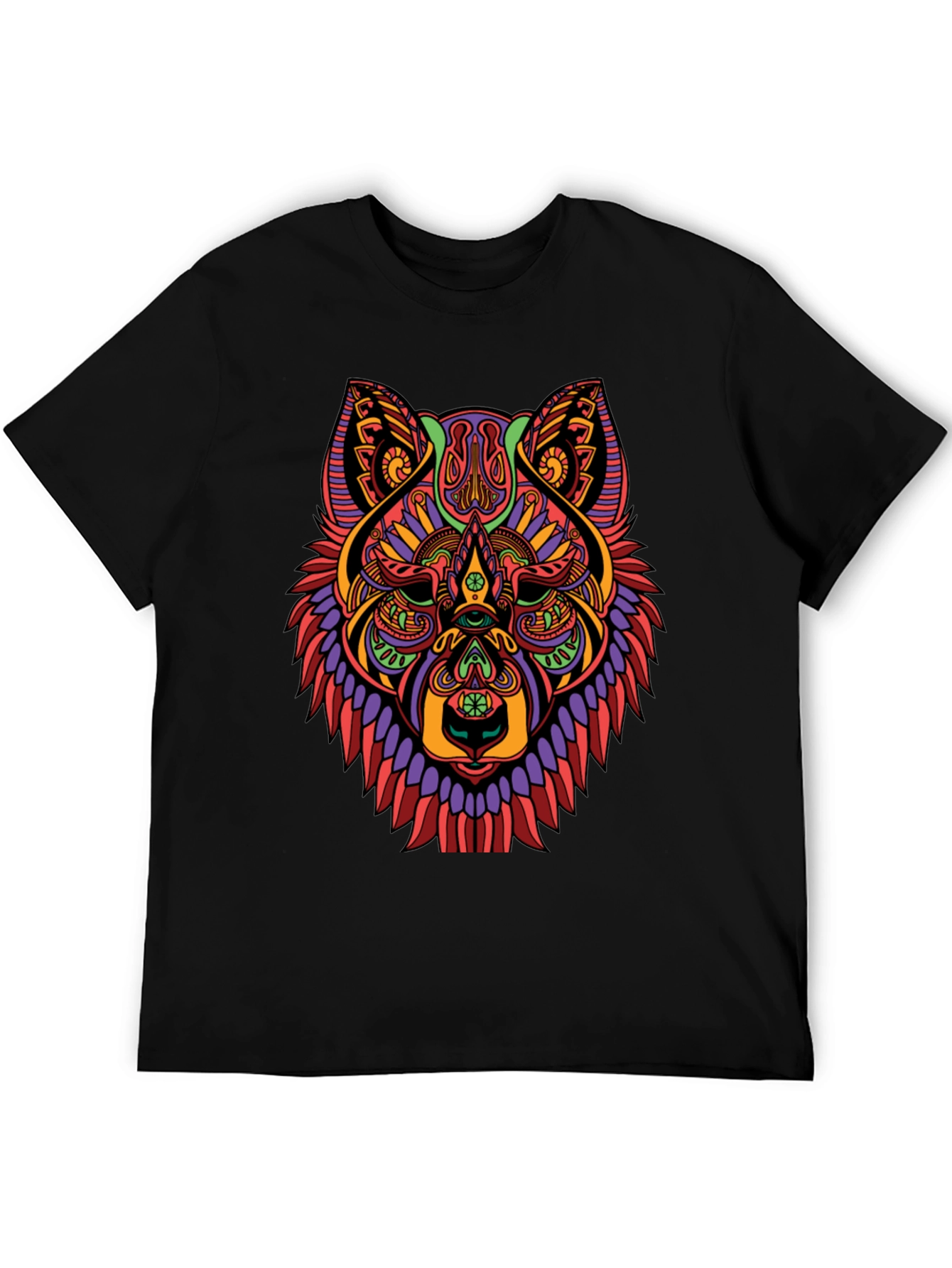 Black Psychedelic Wolf Graphic Print Black T-Shirt view 5