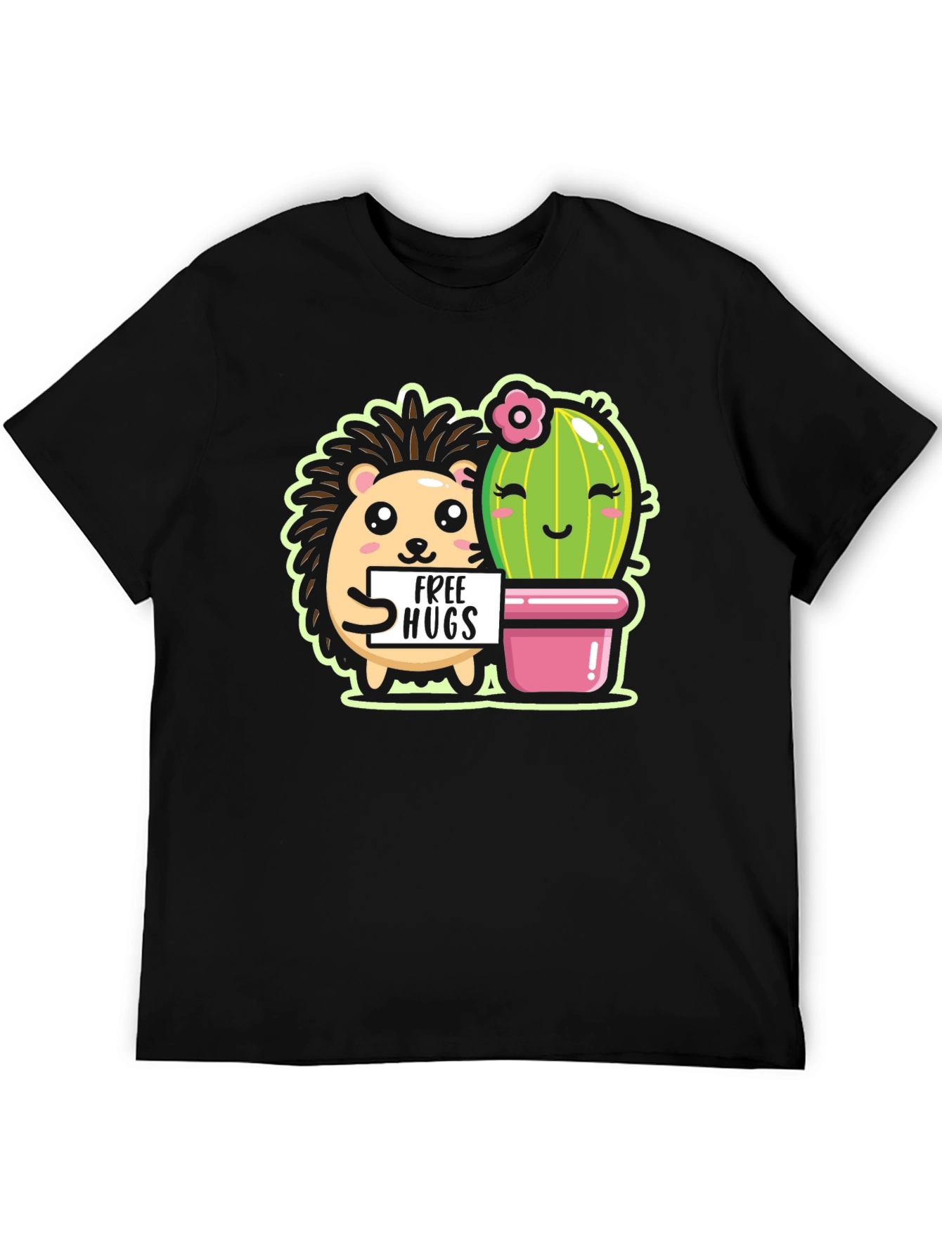 Black Cute Hedgehog & Cactus Free Hugs Black T-Shirt view 5