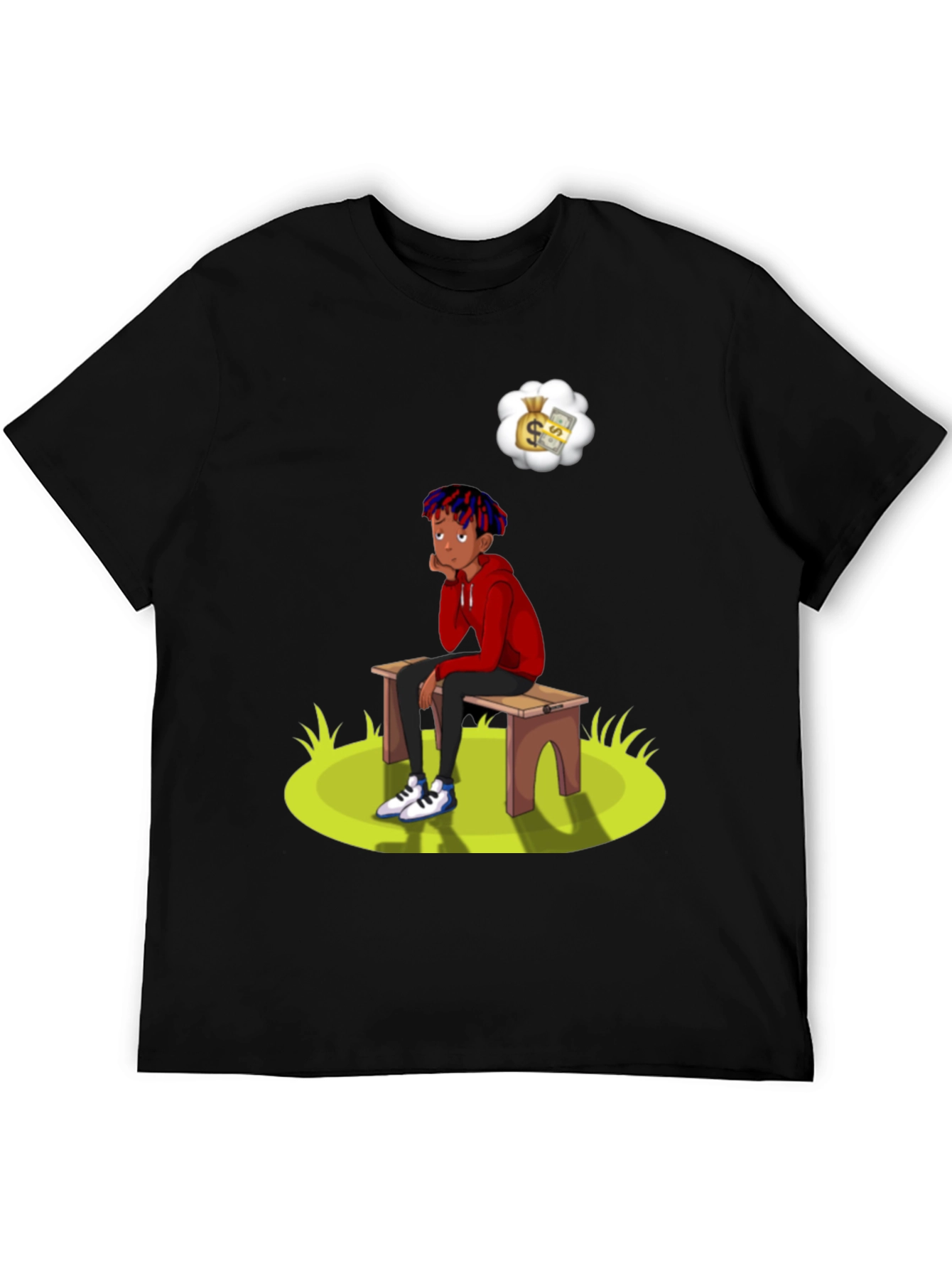Black Cartoon Graphic Tee -  Boy on Bench Dreaming of Money view 5