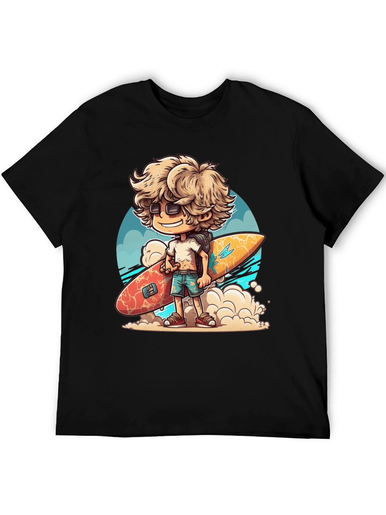 Black Surfer Dude Cartoon Graphic T-Shirt view 5