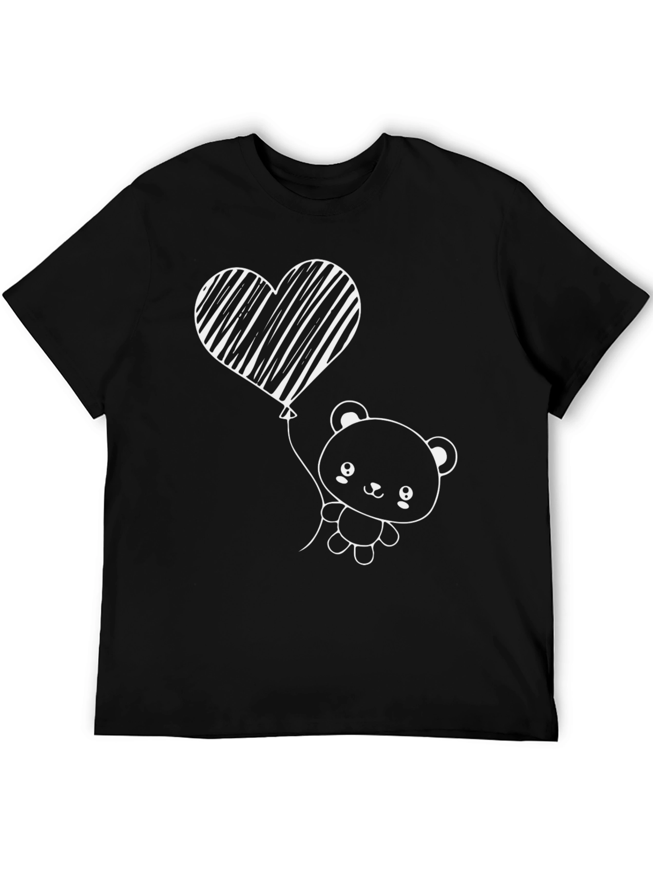 Black Cute Bear with Heart Balloon Black T-Shirt view 5