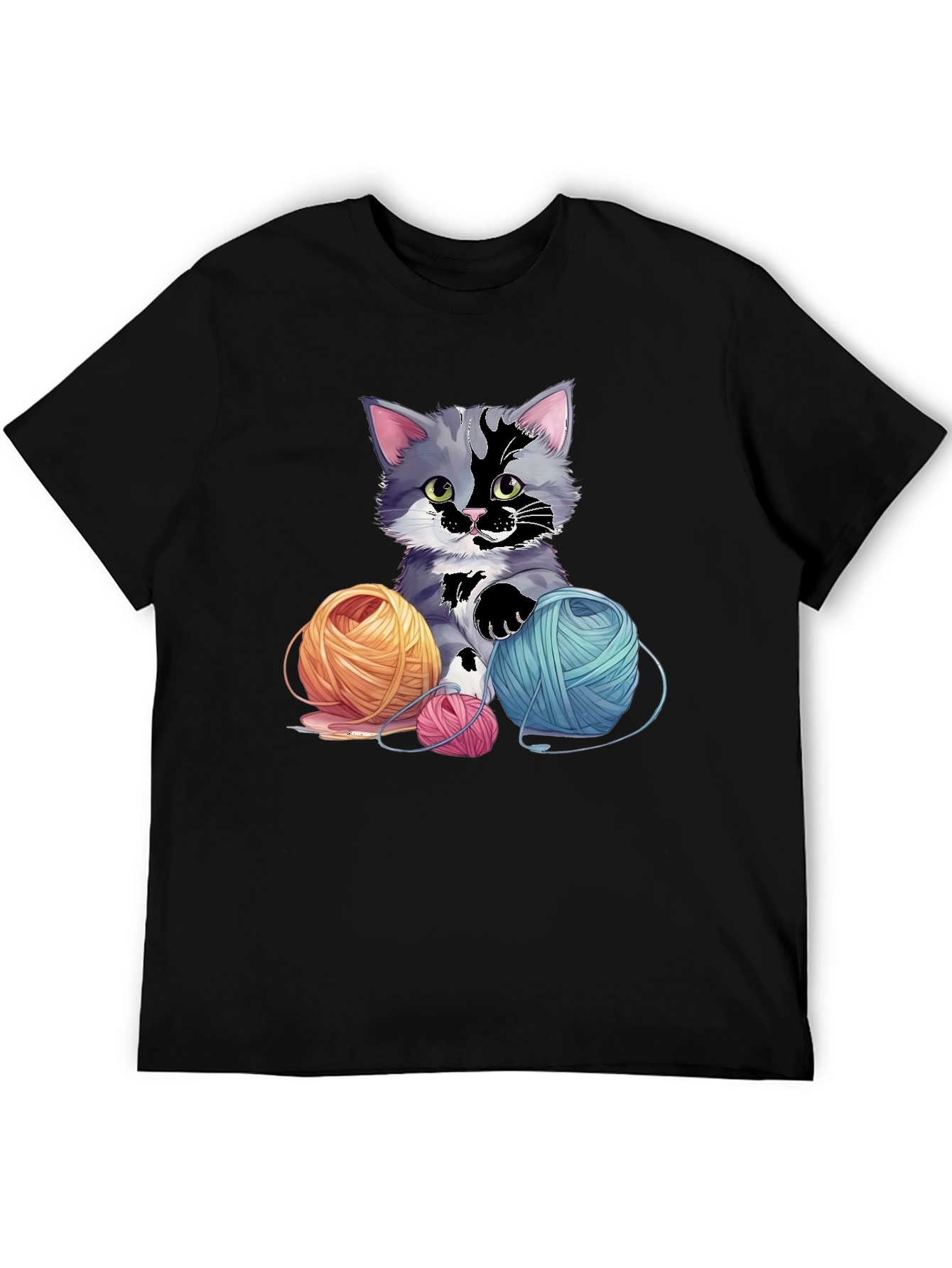 Black Cute Kitten with Yarn Balls Graphic Tee view 5