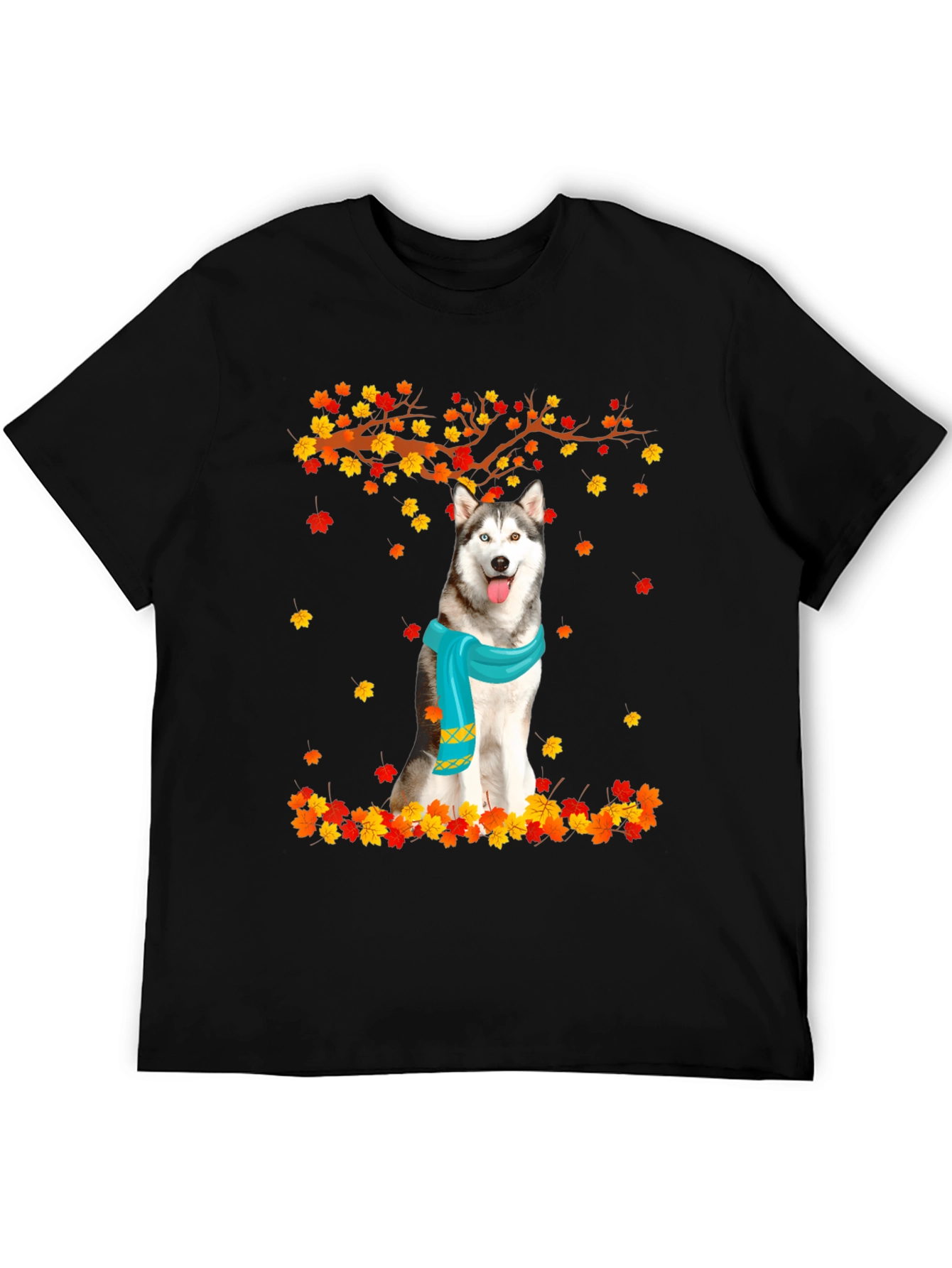 Black Husky Autumn Leaves Graphic T-Shirt view 5