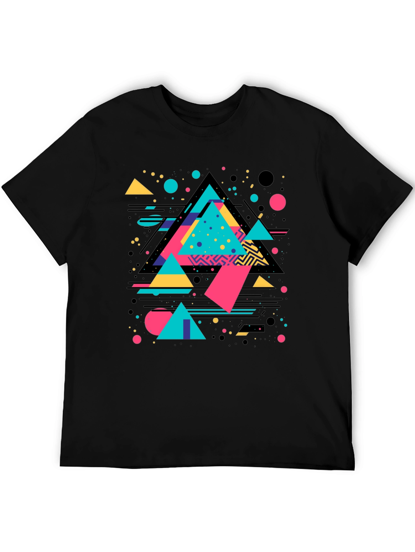 Black Retro Geometric Triangle Graphic Black T-Shirt view 5