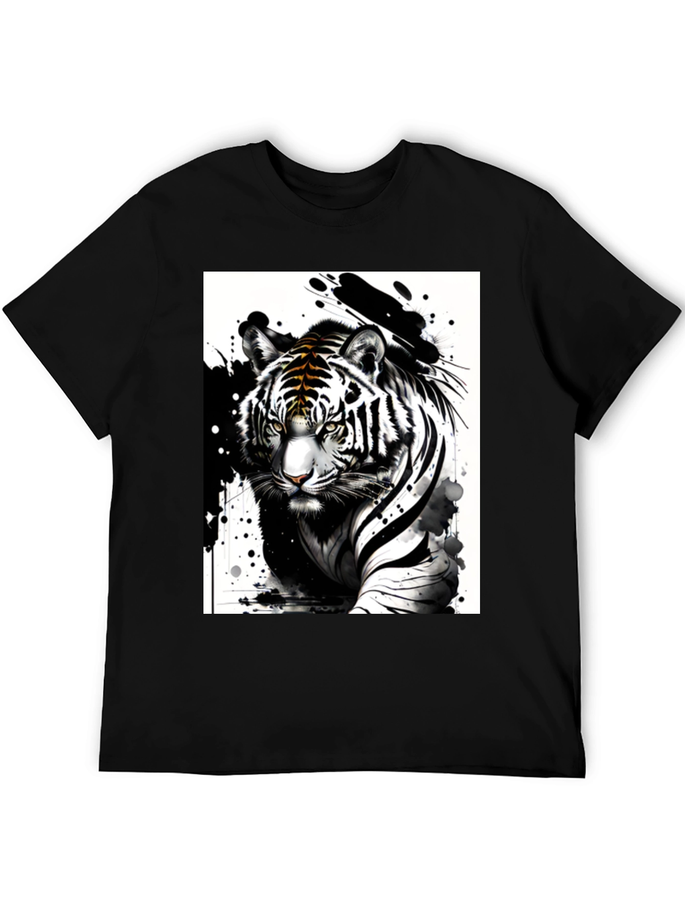 Black Tiger Ink Art Graphic Tee - Black Cotton Blend T-Shirt view 5