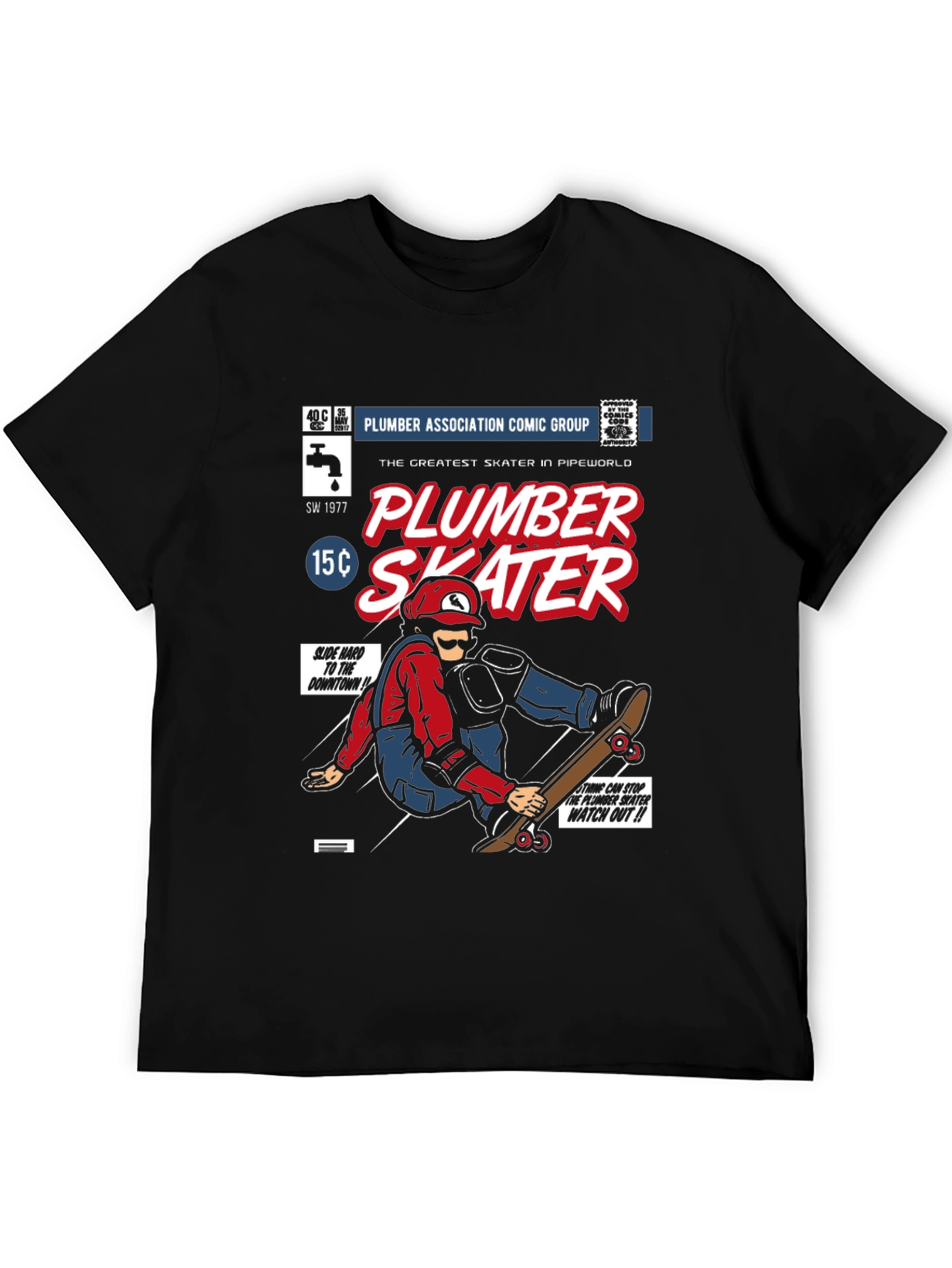 Black Plumber Skater Comic T-Shirt - Black Cotton Graphic Tee view 5