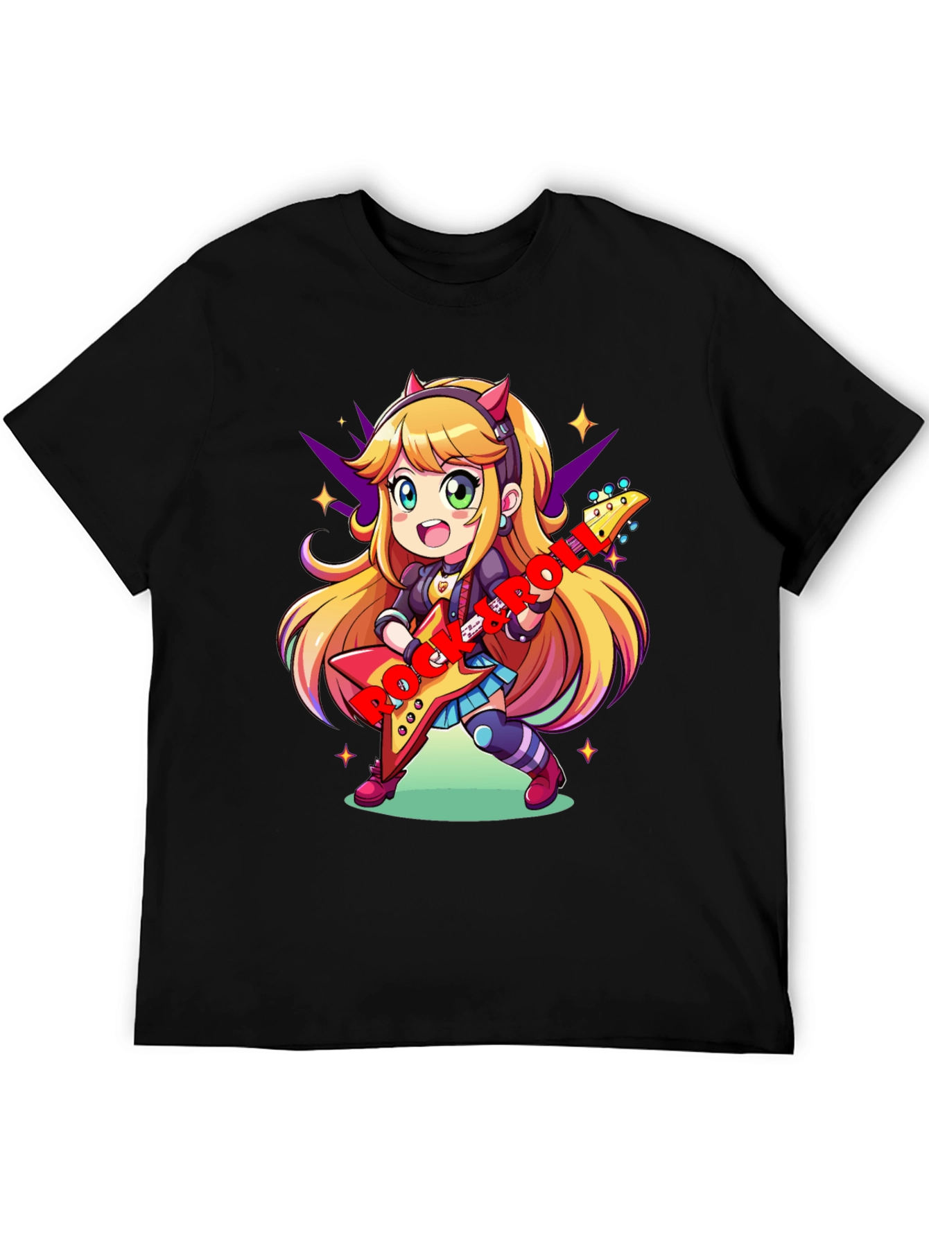 Black Anime Girl Guitarist Black T-Shirt view 5