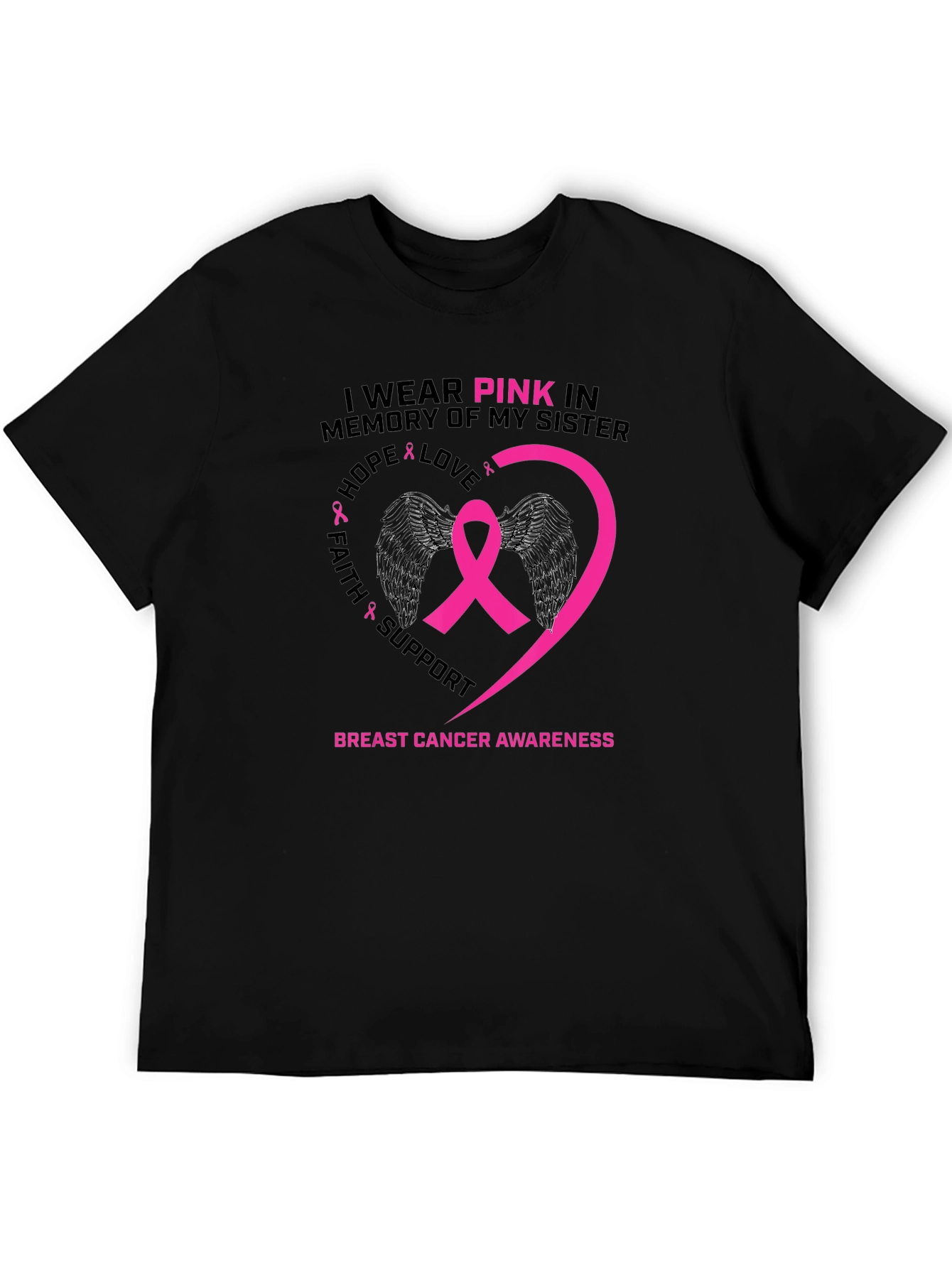 Black Pink Ribbon Breast Cancer Awareness T-Shirt view 5