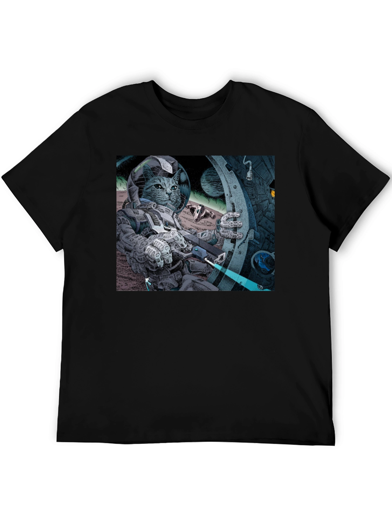Black Cosmic Cat Astronaut T-Shirt - Cool Graphic Tee view 5