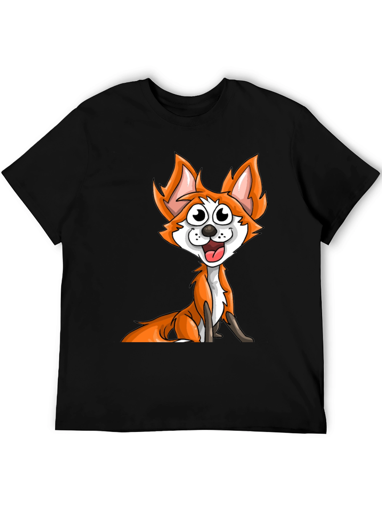 Black Cartoon Fox Graphic Tee - Black Crew Neck T-Shirt view 5